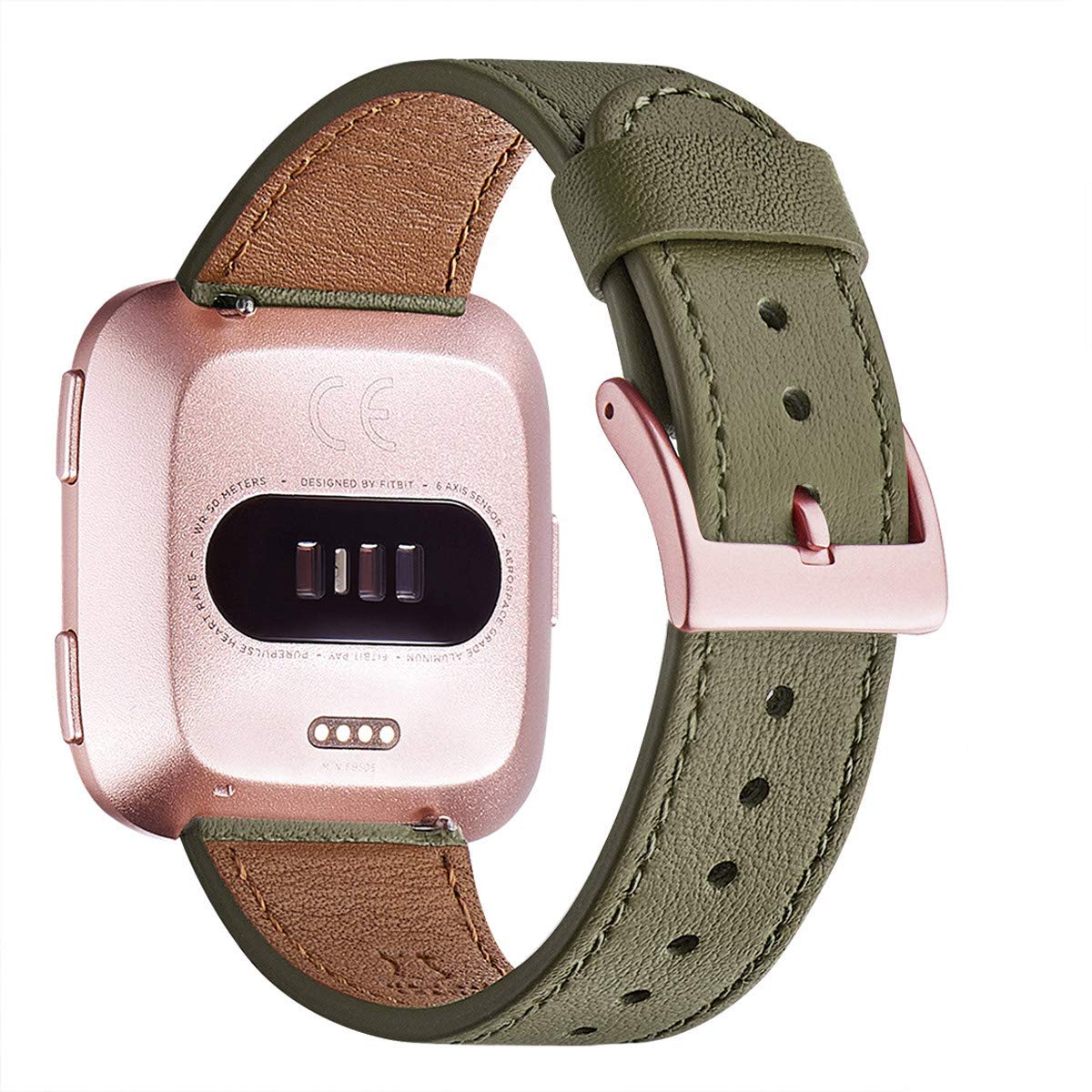 WFEAGL Top Grain Leather Band Replacement Strap for Versa Versa 2 Lite SE Fitness Smart Watch Olive Band