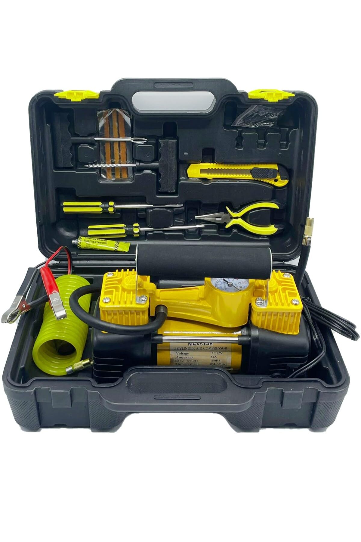 moonshop Çift Pistonlu Araç Lastik Şişirme Kompresörü, Çok Renkli, 12V, 150 PSI, LED Aydınlatmalı, Taşıma Çantalı, Lastik Tamir Kiti Dahil