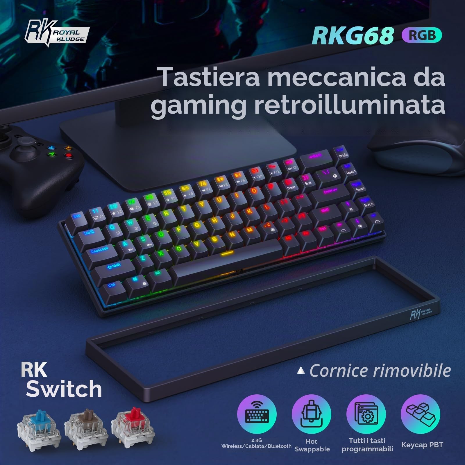 RK ROYAL KLUDGE RK G68 Tastiera Meccanica Wireless Hot Swap 2.4G/Bluetooth/Tastiera da gioco RGB Cablata 65% Layout USA Interruttore Marroni per Win/Mac, Nero