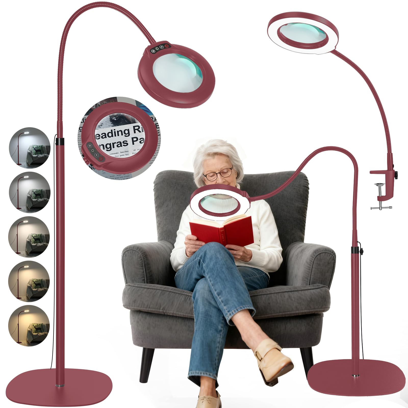 Veemagni 10 lupas de cristal auténticas con luz y soporte, 24 pulgadas, flexible, lupa de cuello de cisne, lámpara de pie, 5 modos de color, regulable sin niveles, 3 en 1, lámpara LED de aumento, lupa