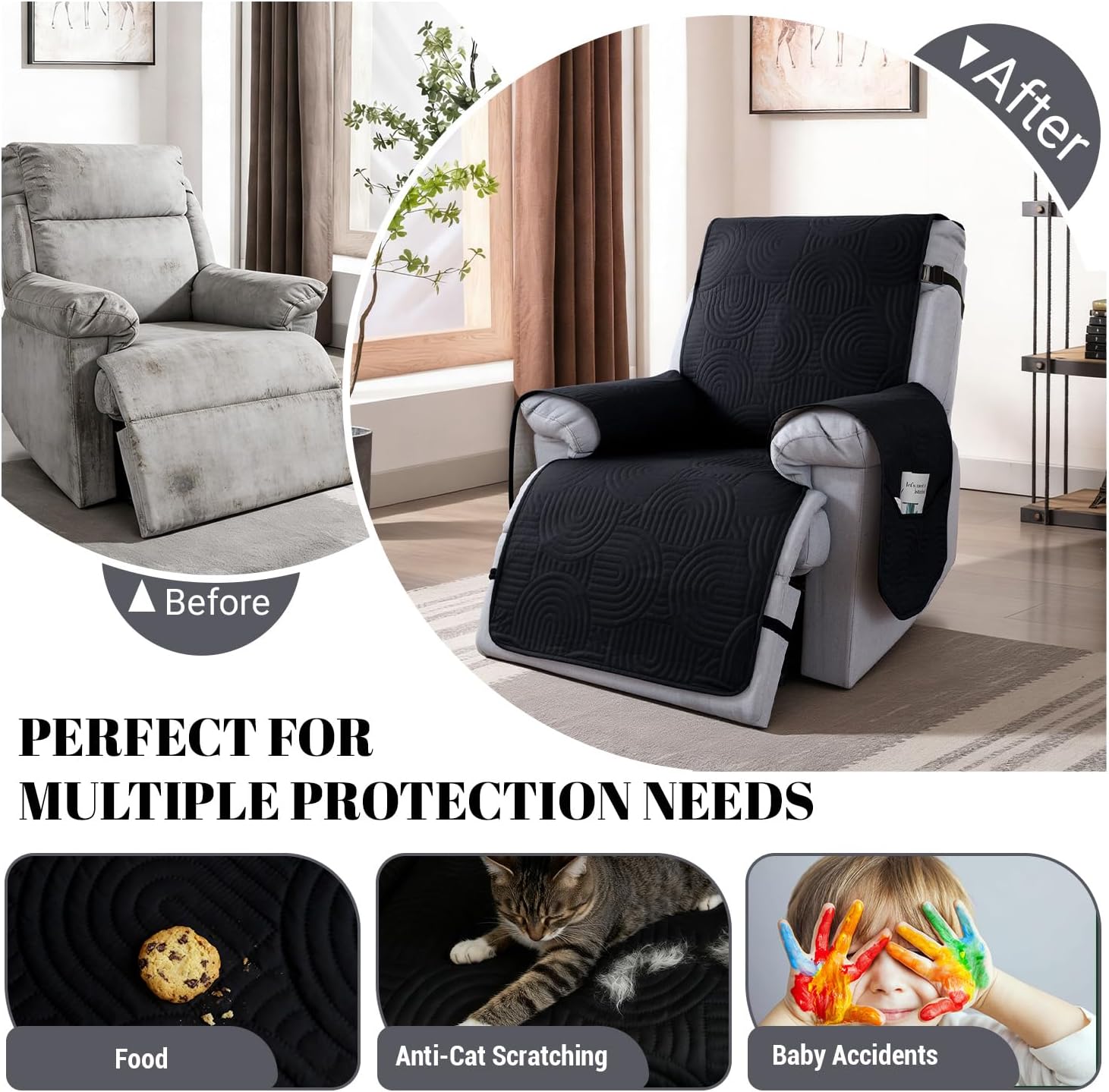 100% Waterproof Recliner Chair Cover,Non Slip Covers for Recliner Chair Washable Dog Chair Cover Furniture Protector with Pocket, Elastic Straps for Kids, Dogs, Pets (Black, 28'')