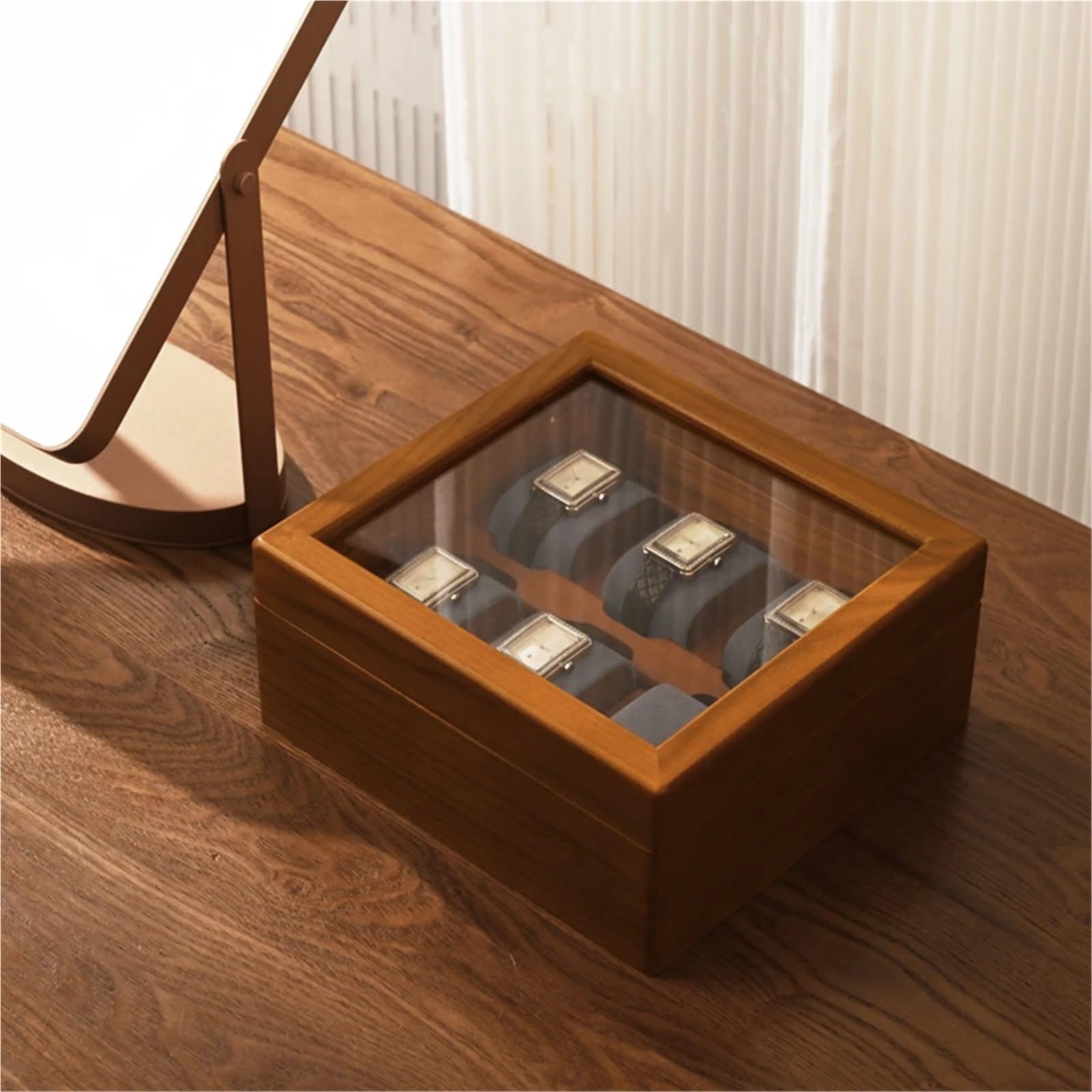 Caja de almacenamiento reloj madera Cubierta vidrio a prueba polvo