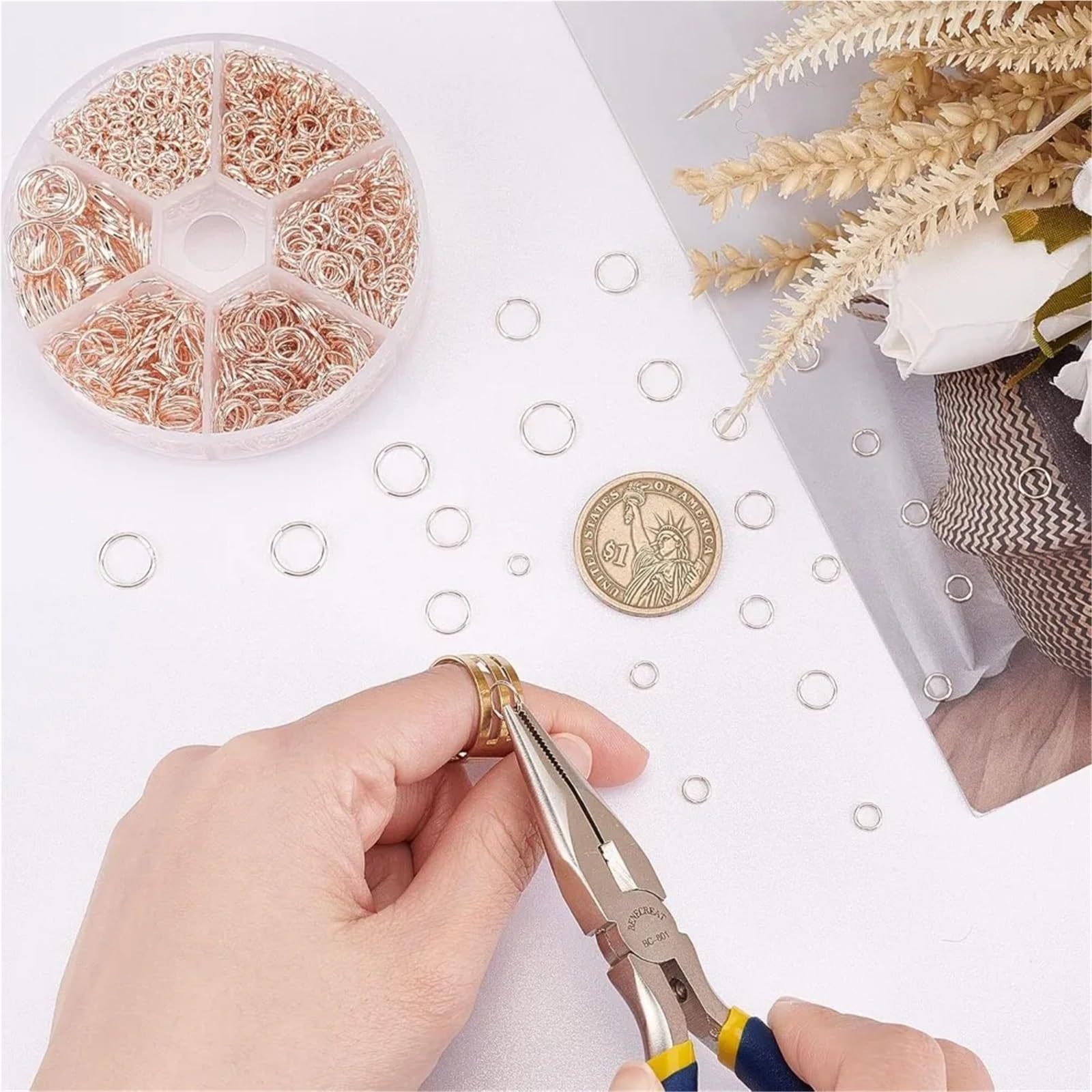 Biegeringe für die Schmuckherstellung, 4 Sets (1 Set mit 1250 Stück), Biegeringe in 6 Größen, Schmuckschlaufen, Ringverschluss, O-Verbinder, rotgoldene Glieder, offen für die Herstellung von Kit