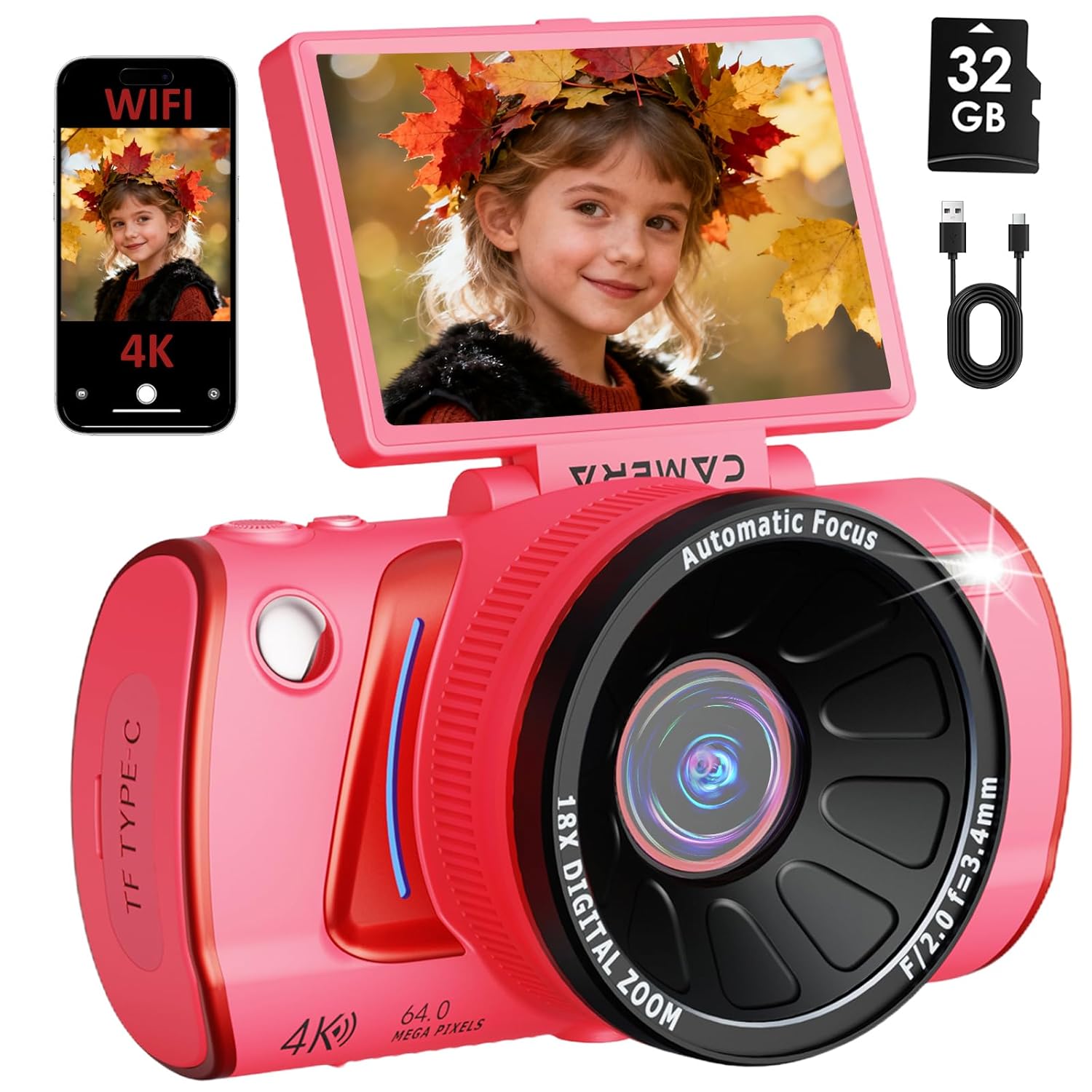 4K Digital Camera for Photography, 64MP WiFi Vlogging Camera for Beginners with 3″ 180° Flip Screen, 18X Digital Zoom, Point and Shoot Cameras for YouTube with 32GB SD Card(Pink) 4K Digital Camera for Photography, 64MP WiFi Vlogging Camera for Beginners with 3″ 180° Flip Screen, 18X Digital Zoom, Point and Shoot Cameras for YouTube with 32GB SD Card(Pink)