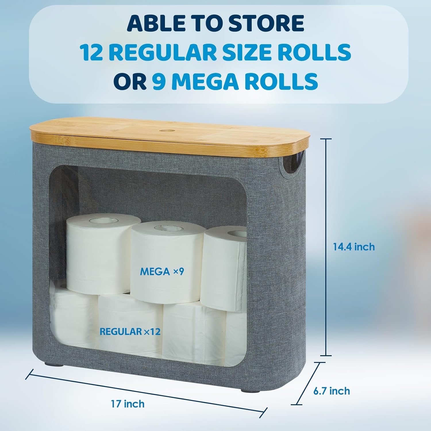 Toilet Paper Basket, Toilet Paper Storage with Lid for 12 Rolls, Bathroom Storage Organizer with Bamboo Lid, Grey - Image 6