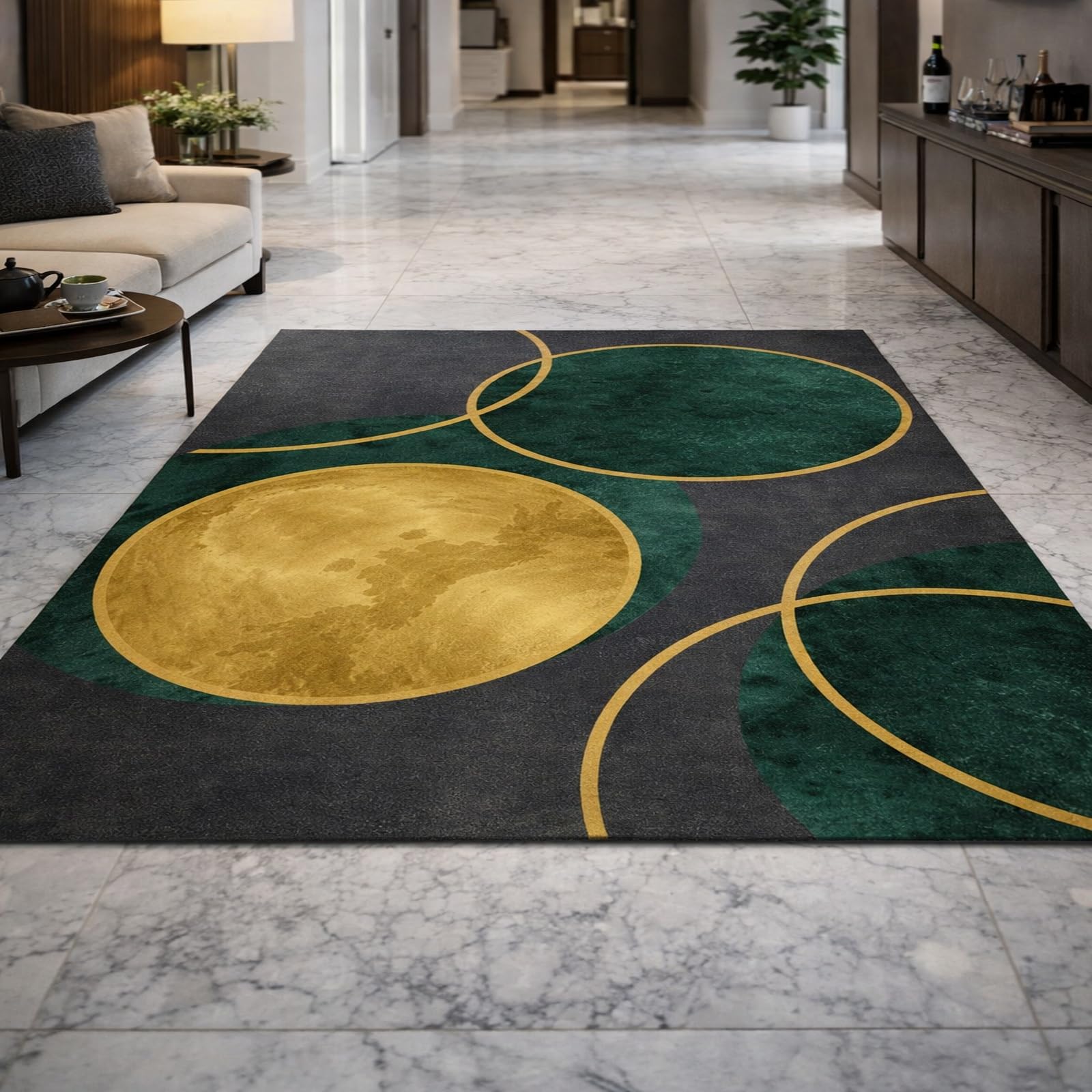 Grand tapis intérieur moderne vert géométrique pour réchauffer l'ambiance du salon