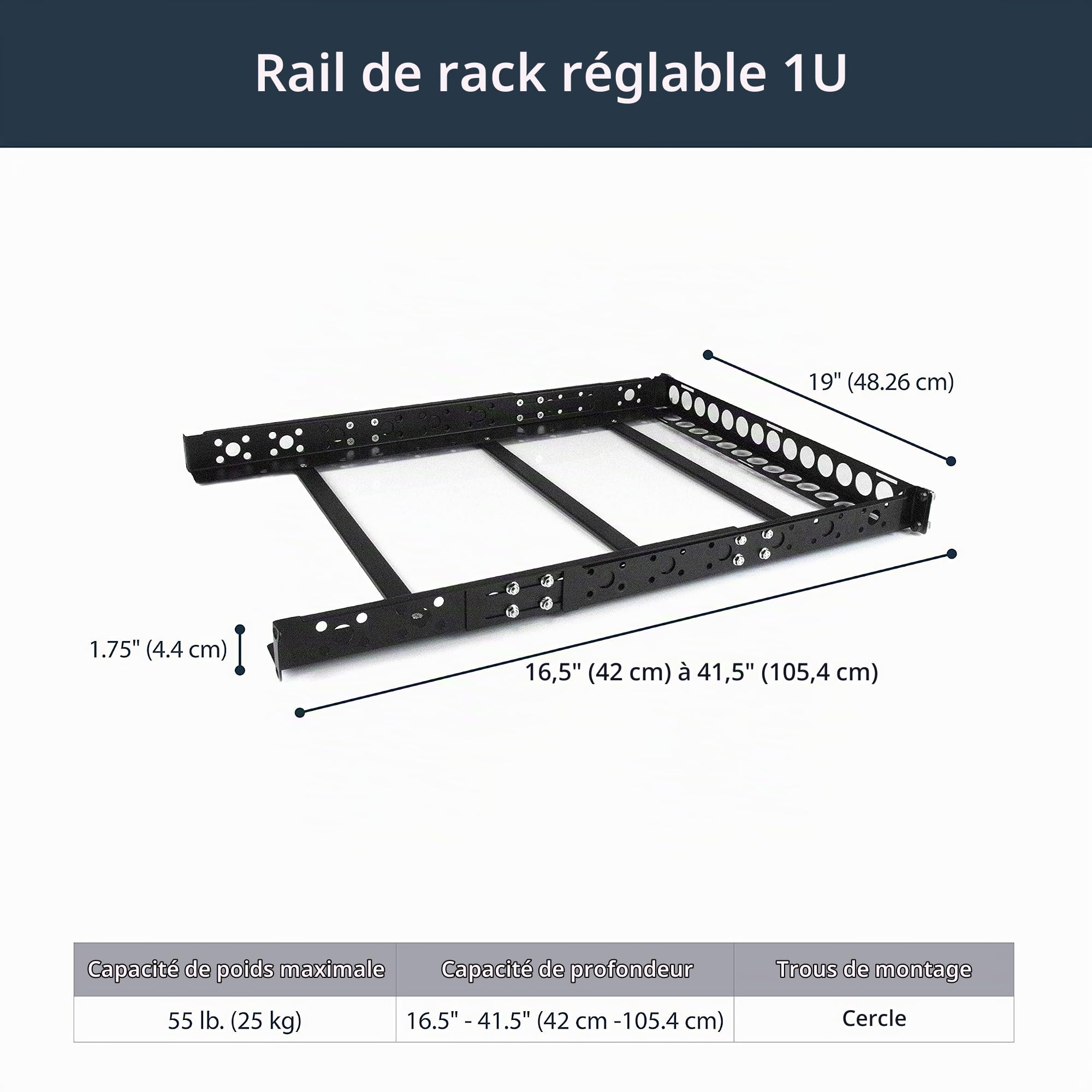 StarTech Rails Universels 1U 19", Profondeur Réglable, 25kg (UNIRAILS1U) | Rails de montage serveur, Baie informatique, Rack d'équipement, EIA-310, Acier