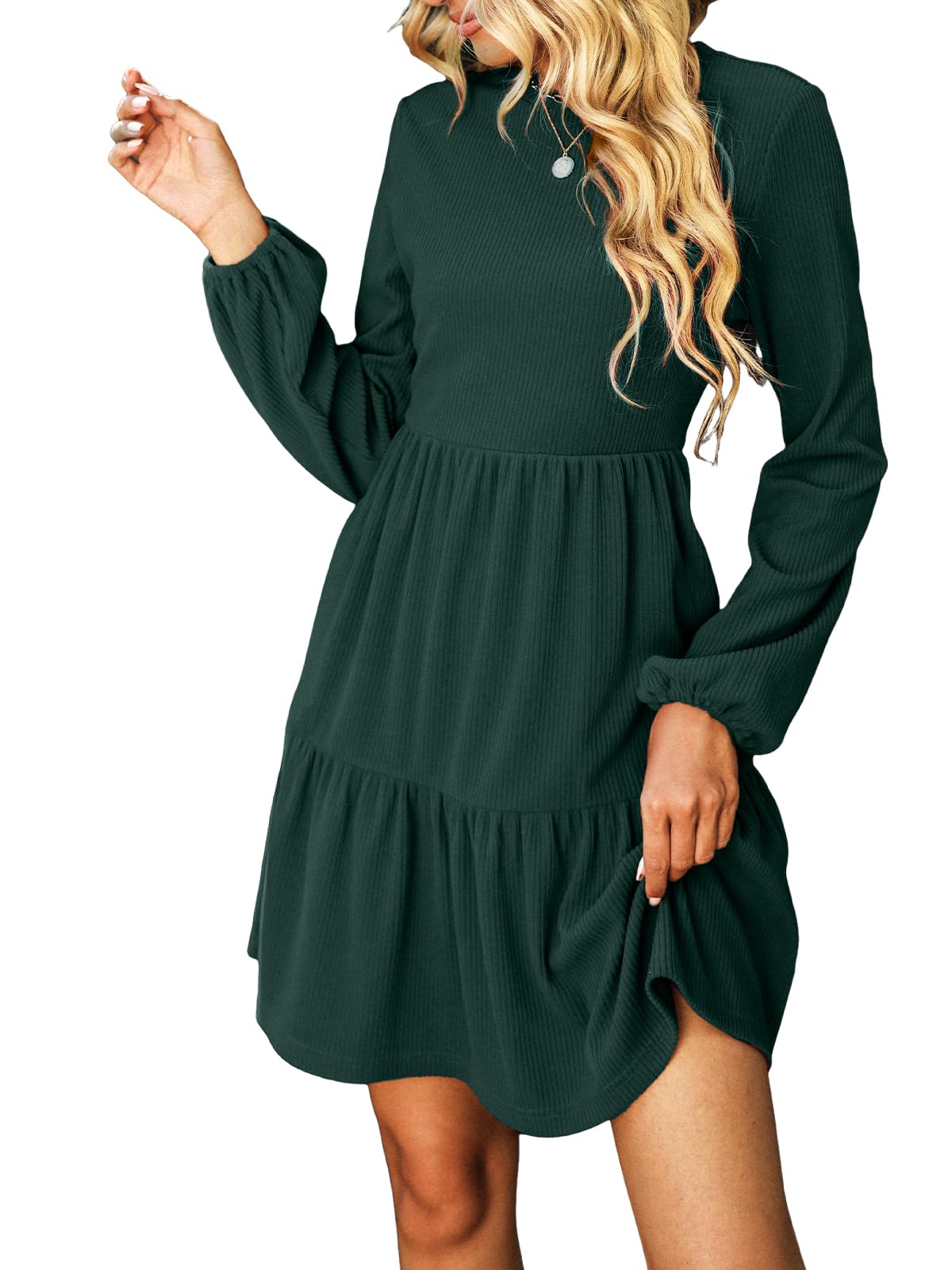 CUPSHE Women's Dress Round Neck Long Sleeve Flounce Hem A Line Autumn Winter Ribbed Structure Short Mini Dress Casual Dresses Tiered Mini Dress