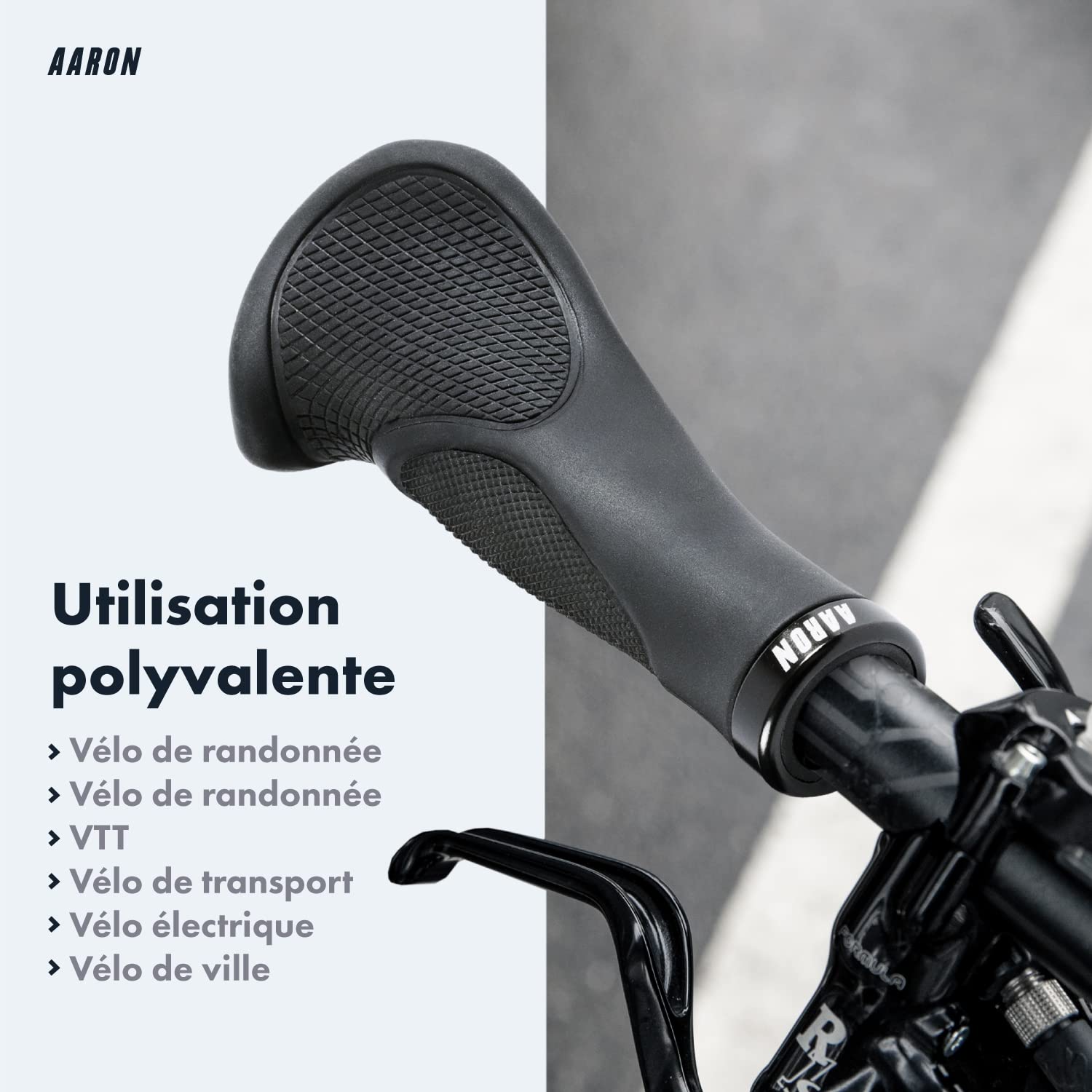 AARON Poignées de vélo ergonomiques avec amortissement en gel, poignées de guidon ergonomiques en caoutchouc antidérapant, poignées adaptées pour vélo électrique, vélo de trekking, VTT, vélo de ville,