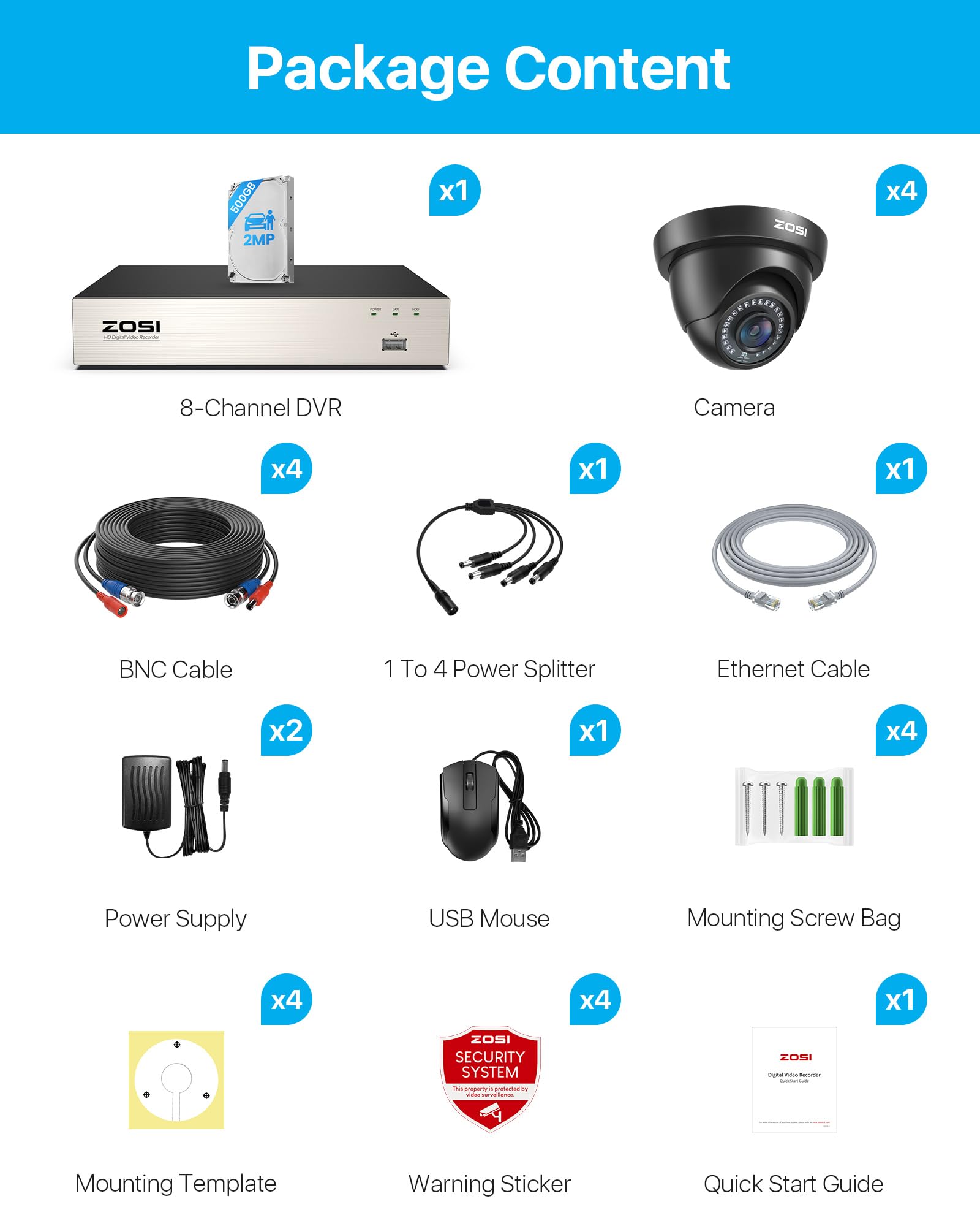 ZOSI 2MP Kit Cámaras de Vigilancia Seguridad Cableada para Hogar 8CH CCTV DVR Sistema 500GB Disco Duro y 4 1080P Cámara Interior/Exterior, Detección de Personas, Visión Nocturna