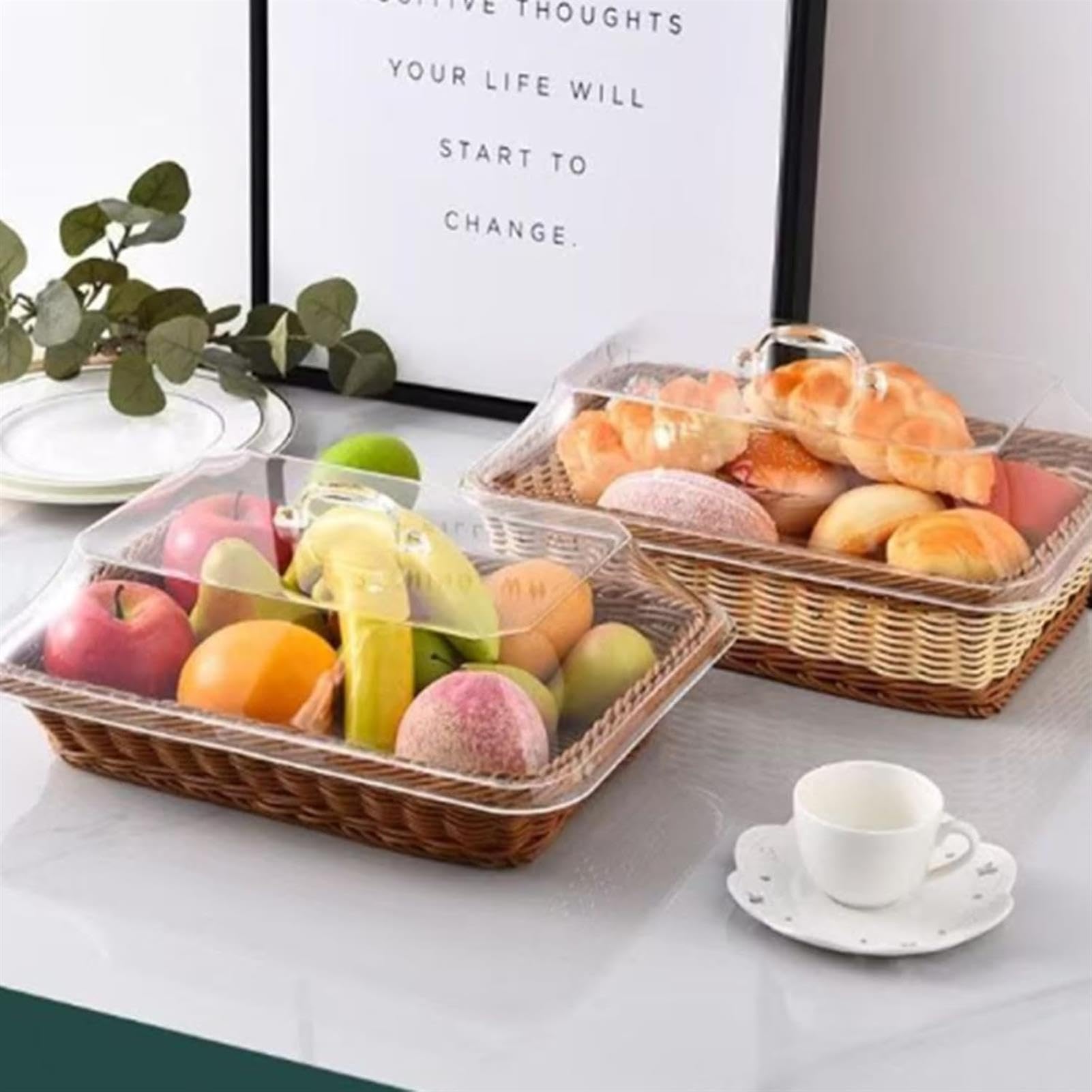 Cestino per il pane in rattan intrecciato con coperchio, cestino per servire pane, frutta, verdura, perfetto per cucina, ristorante e feste