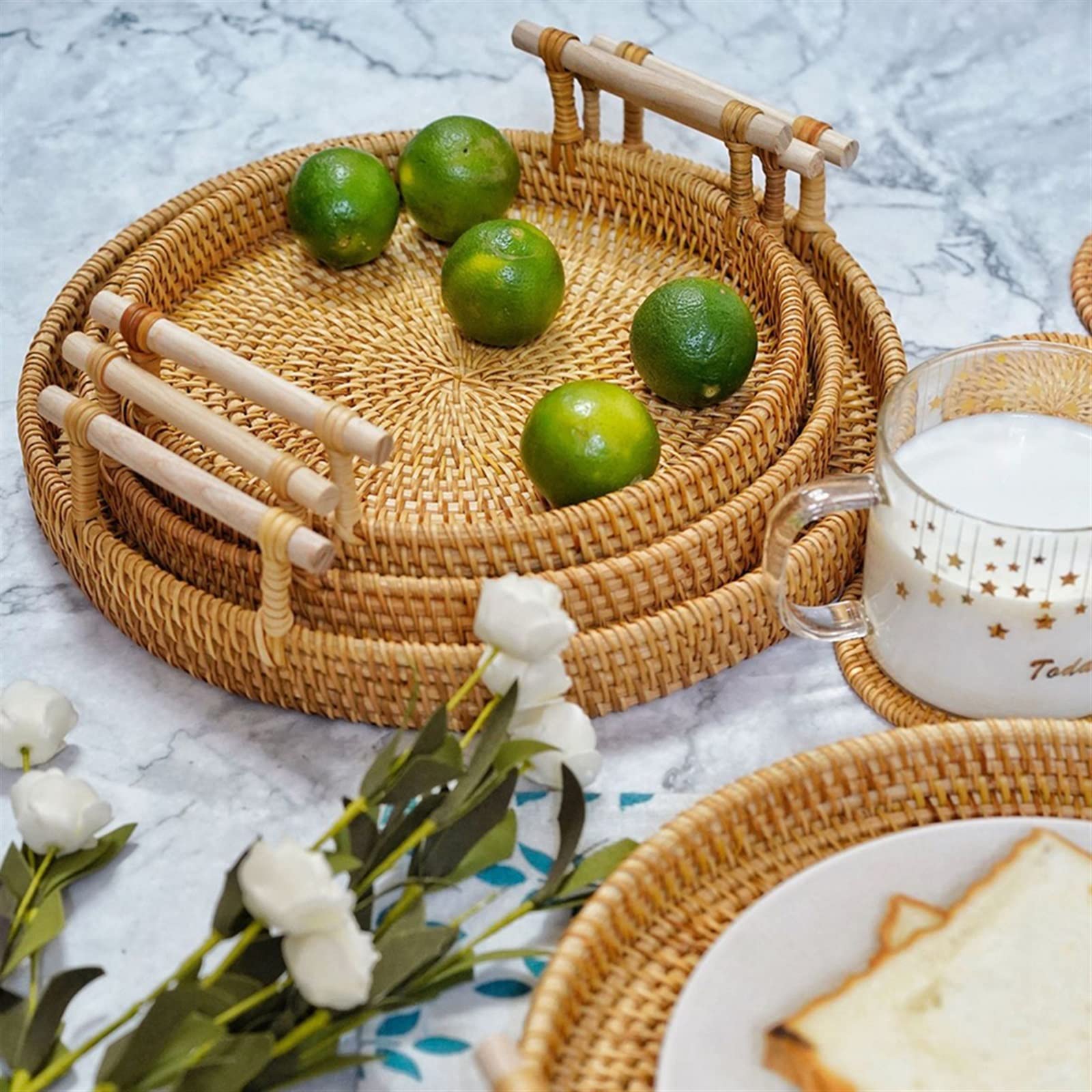 Panier de pique-nique, petit panier de pique-nique tressé à la main panier de rangement rond en rotin plateau de rangement pour pain, fruits, nourriture, petit déjeuner, panier de pique-nique panier