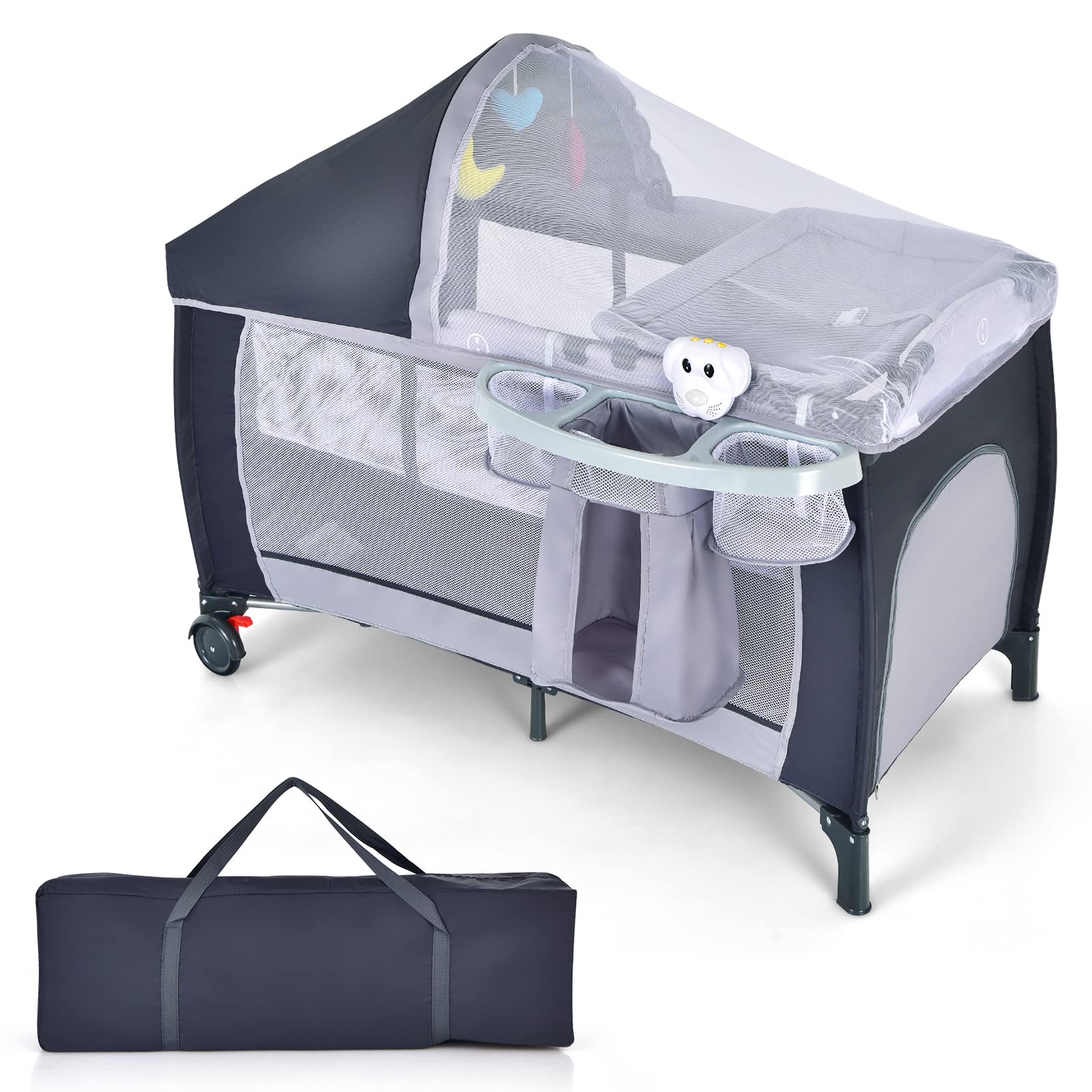 LIFEZEAL Lit Parapluie avec Matelas 2 Niveaux, Lit Pliant Bébé avec Sac de Rangement, Lit Bebe 0-36 Mois avec Table à Langer, Moustiquaire, Charge de 15 kg (Gris)