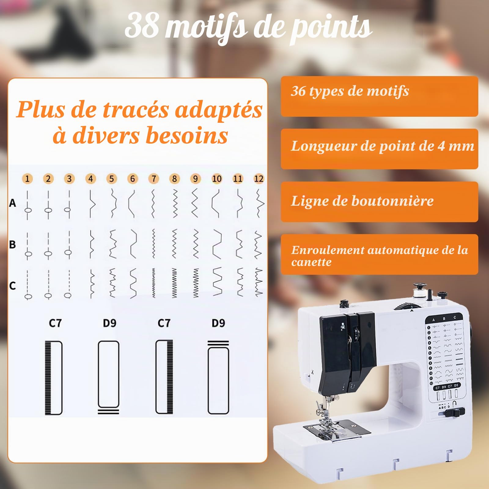 Machine à coudre avec table coulissante, 38 programmes de point, machine à coudre électrique portable avec lumière LED et pédale de pied, kit d'accessoires de couture, mini machine à coudre pour