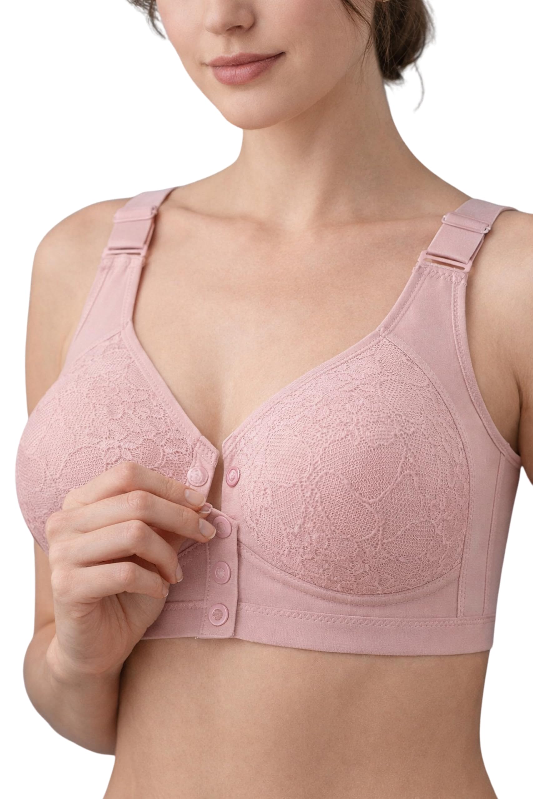 Front Open Padded Nursing Bra for Women, Wirefree Full Coverage Maternity Feeding Bra with 4 Snap Button Closure, Lace Cups, Adjustable Straps, Pink-image-12