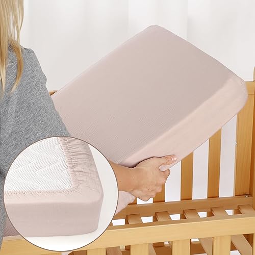 Miniatura 6 de Paquete de 2 sábanas de muselina para cuna, sábana bajera elástica compatible con Graco Pack n Play, material suave y transpirable, niebla y rubor