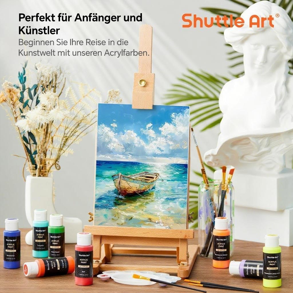 Shuttle Art 36 Acrylfarben Set + 15 Leinwände auf Keilrahmen, 36 Acrylfarben in Flaschen (je 60ml) mit 12 Pinselset, 10 x 10, 13 x 18, 20 x 25, 23 x 30, 28 x 36 cm weiße Leinwände zum Bemalen, je 3 St