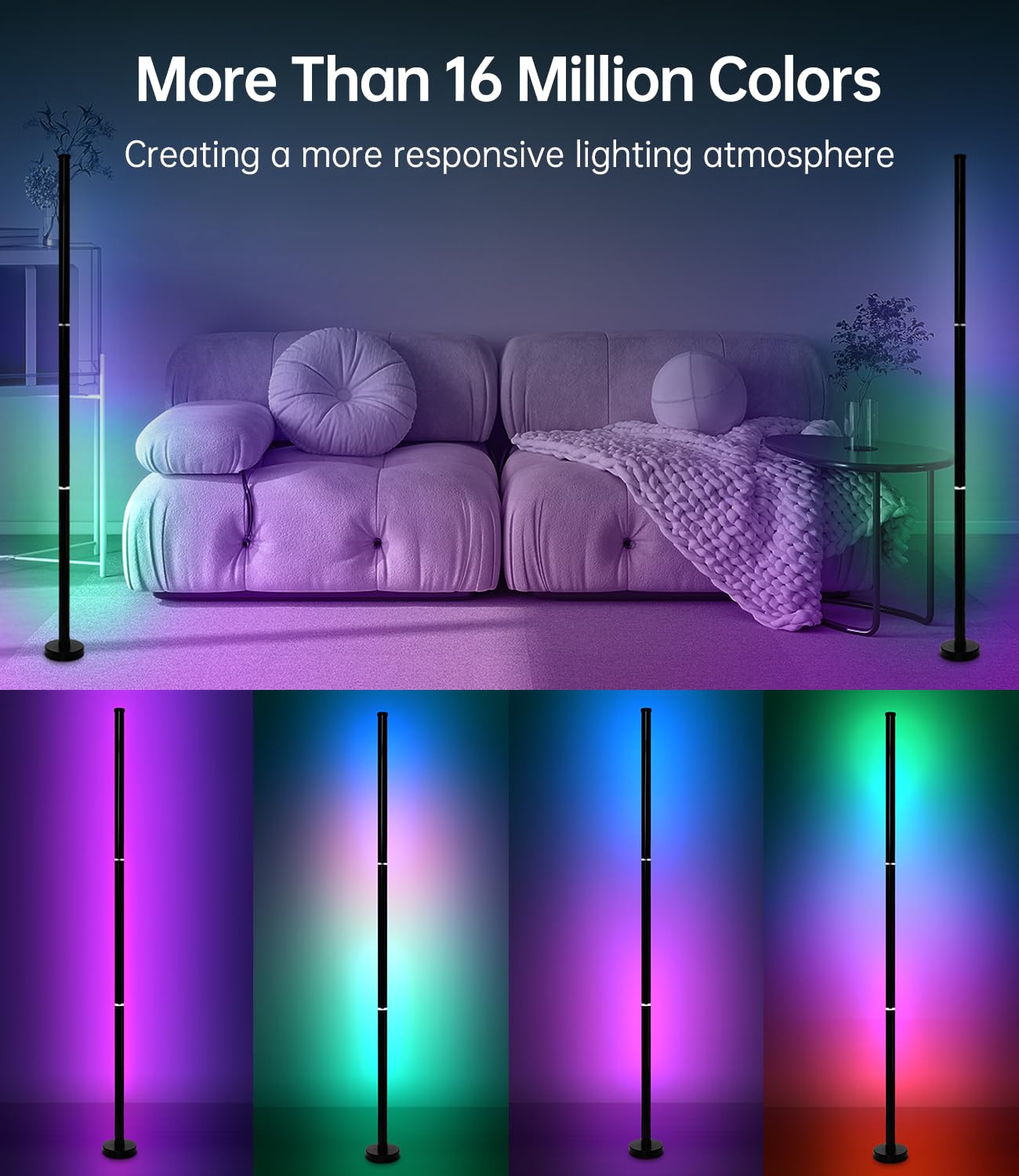 Lámpara De Pie LED RGB Regulable 160 Cm | 16 Millones De Colores | Control Por App, Mando Y Botón | Sincronización Con Música Y Temporizador | Decoración Para Salón Y Fiestas