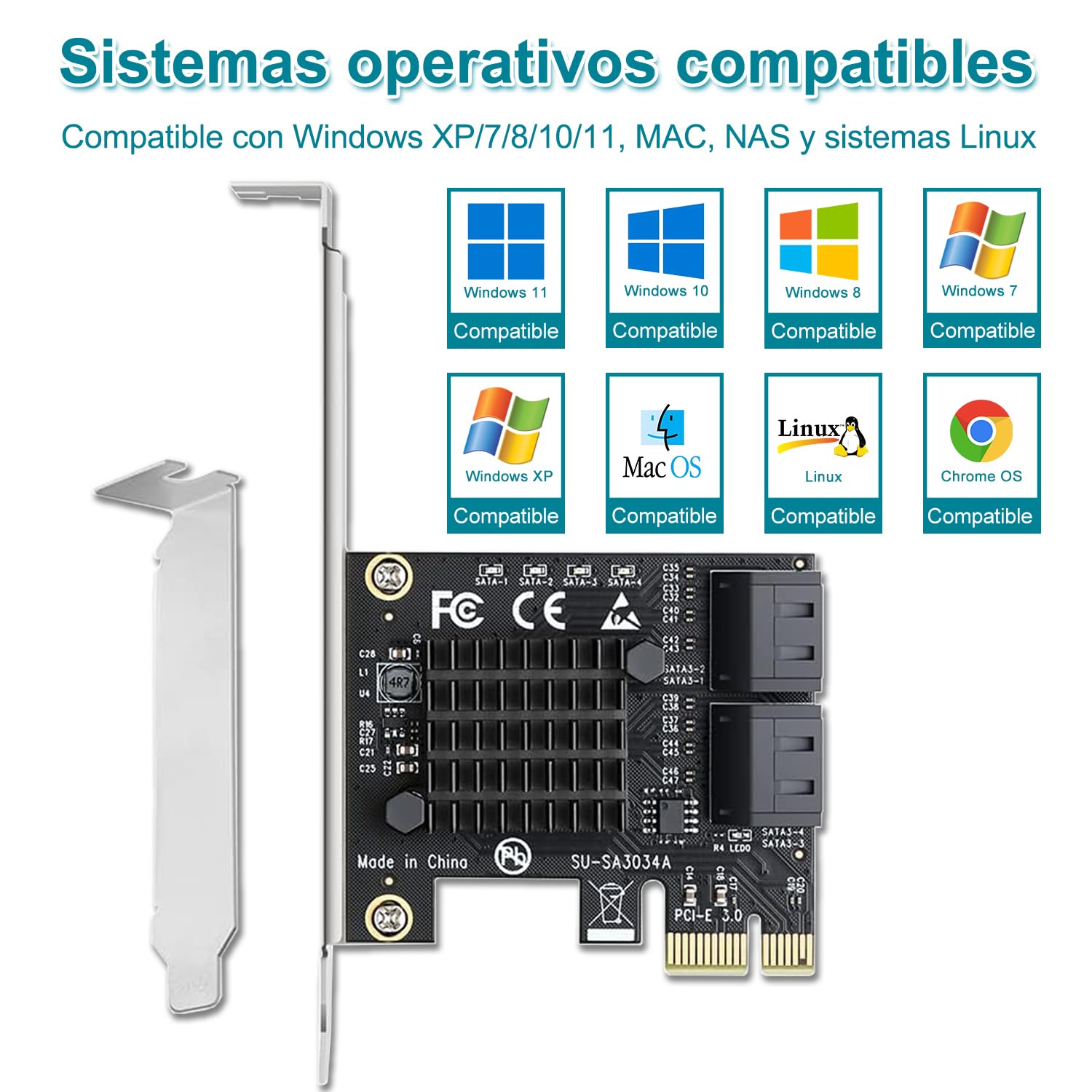 Tarjeta SATA de 4 puertos PCIe 3.0, sin conexión, Bootable - Plug & Play - Añade 4 unidades SATA III de 6 Gbps a tu PC - Chip ASM1064 - Incluye cables y soporte bajo perfil