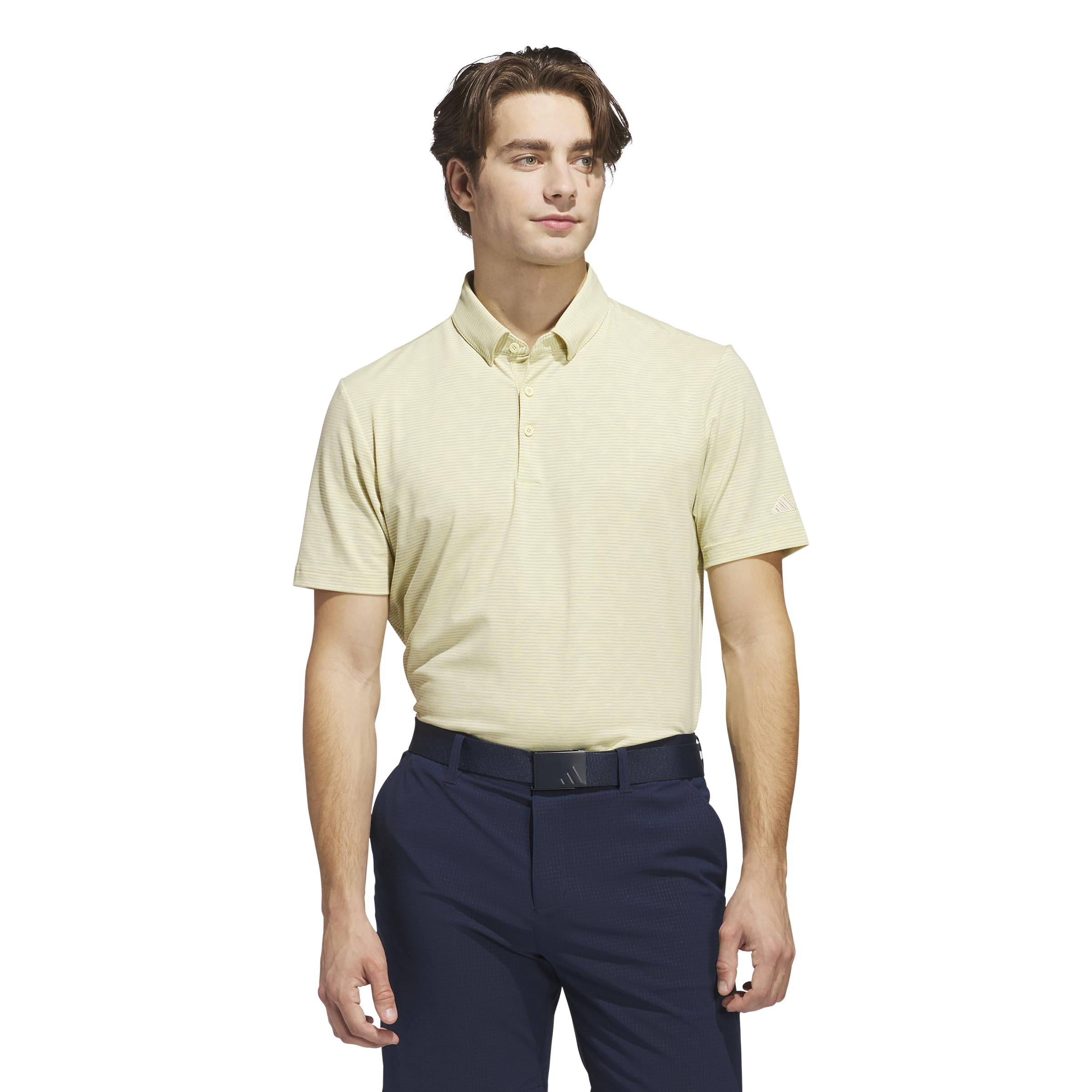 adidas Męska koszulka polo w paski z nadrukiem Go-to z nadrukiem w paski (1 opakowanie), Proszek żółty Melange/Wonder Silver F23, L