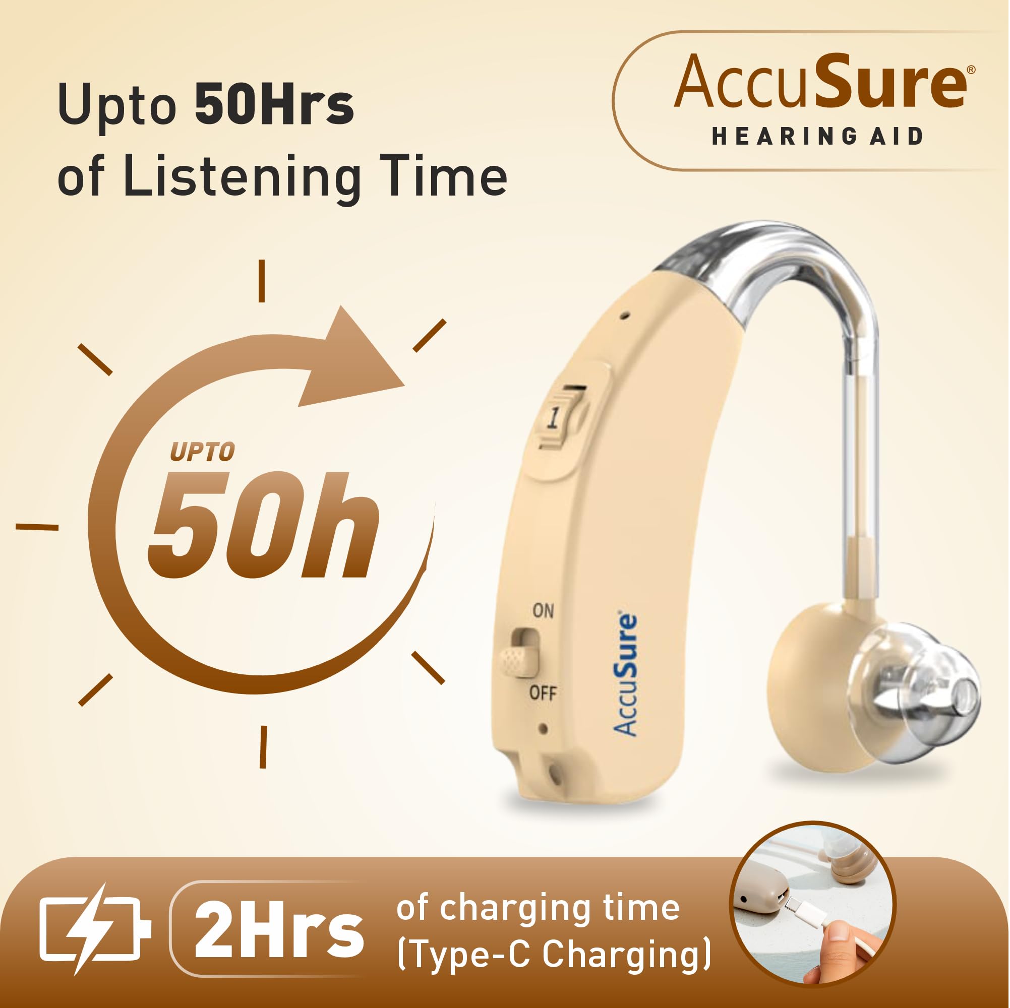 AccuSure Digital Hearing Aid Amplifier for Adults & Seniors – Rechargeable, Volume Control, Small & Lightweight Sound Enhancer (Beige) 4