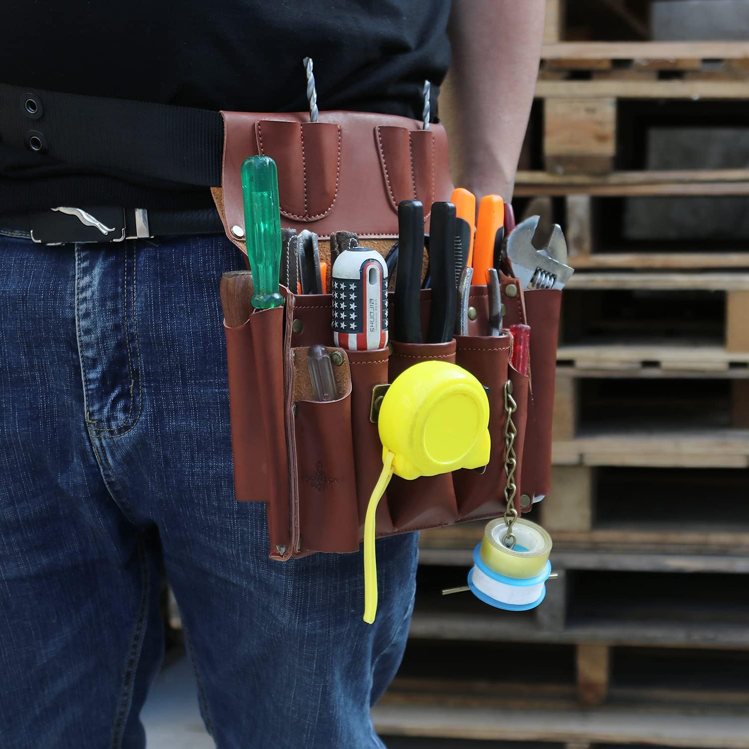 TOURBON Leather Tool Pouch with Shoulder Strap, Belt Tool Organizer for Wrench Screwdriver Chisel Folding Knife Tape Measure Plier, Carpenter Construction Framers Handyman Electrician's Tool Bag