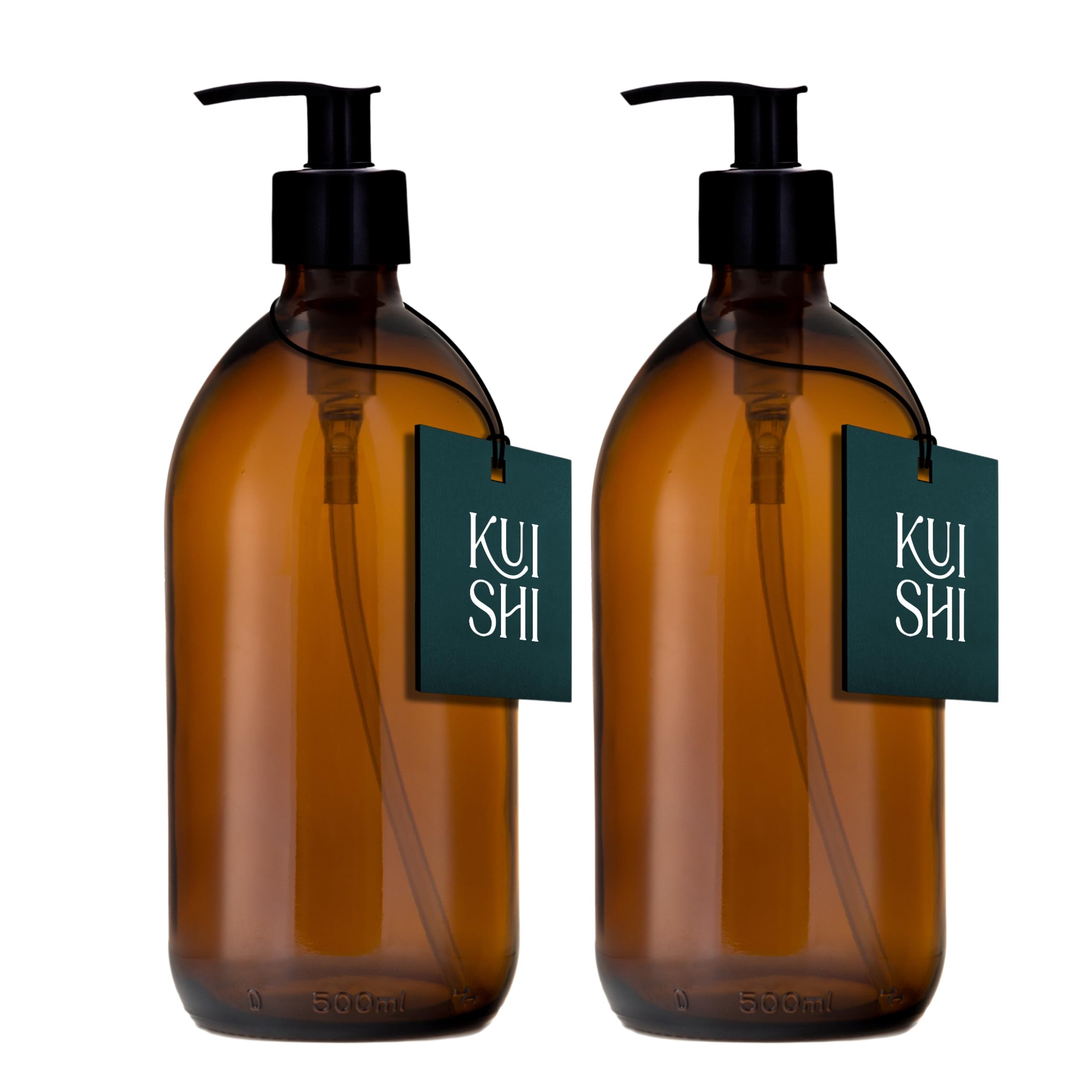 Kuishi Amber 500Ml Glass Soap Dispenser With Black Plastic Pump - Pack Of 2 Refillable Bpa-Free Hand Soap Dispenser For Kitchen & Bathroom,