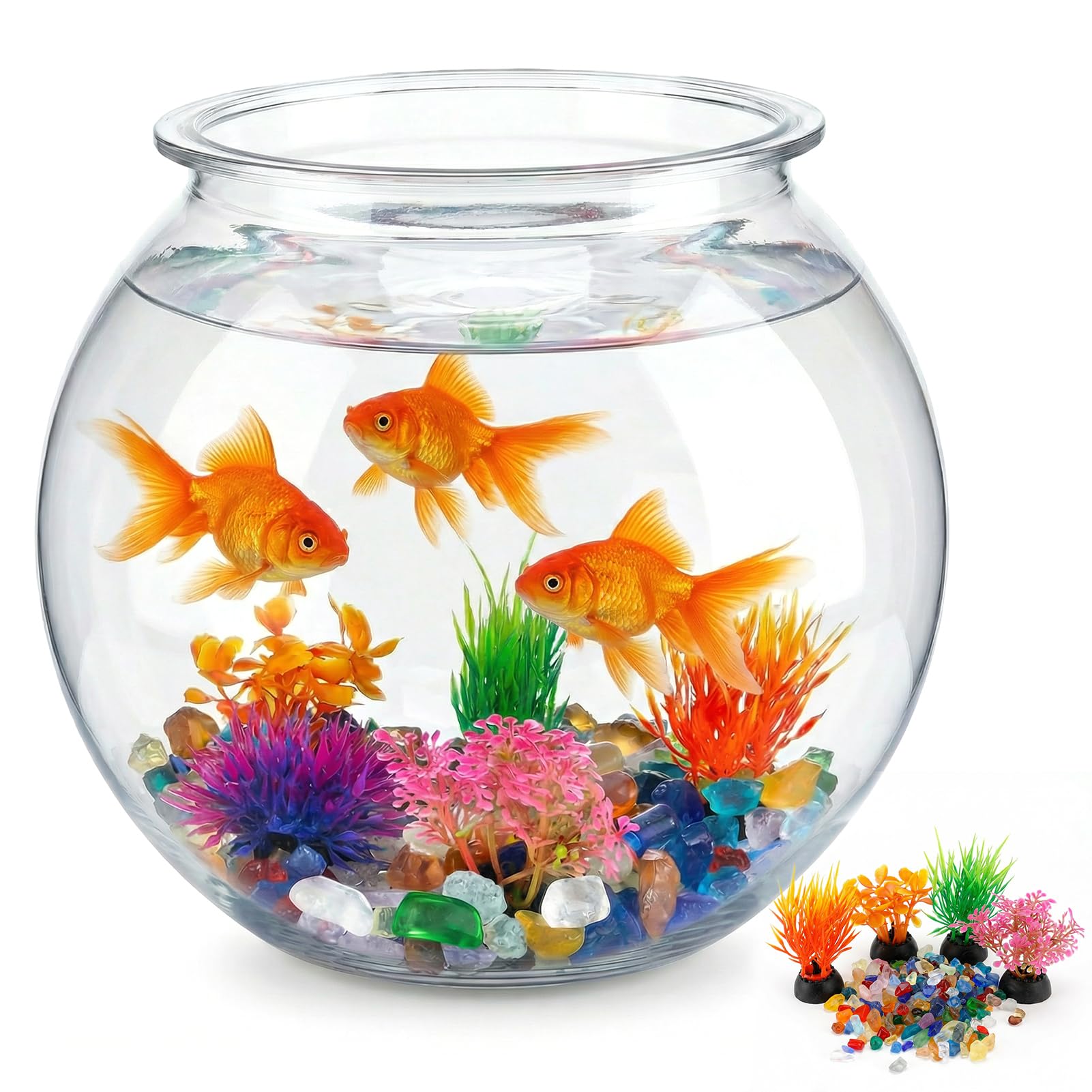 Plastic Aquarium for Fish, 1 Gallon Round Plastic Fish Bowl with 5 Decorative Plants and 8.8oz Color Stones, Clear Lightweight Small Fish Tank, Table Centerpiece, and Home Decoration