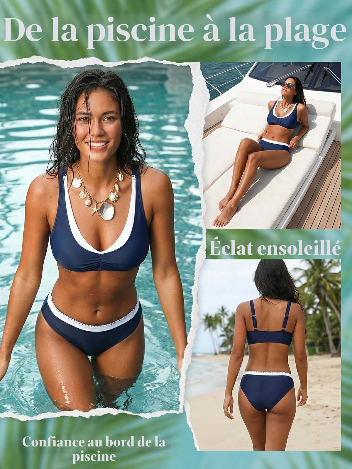 CUPSHE Ensembles de bikini pour femme - Maillot de bain sportif deux pièces | Col en V superposé, doux extensible, bonnets souples amovibles, bretelles réglables, taille moyenne, couverture modérée