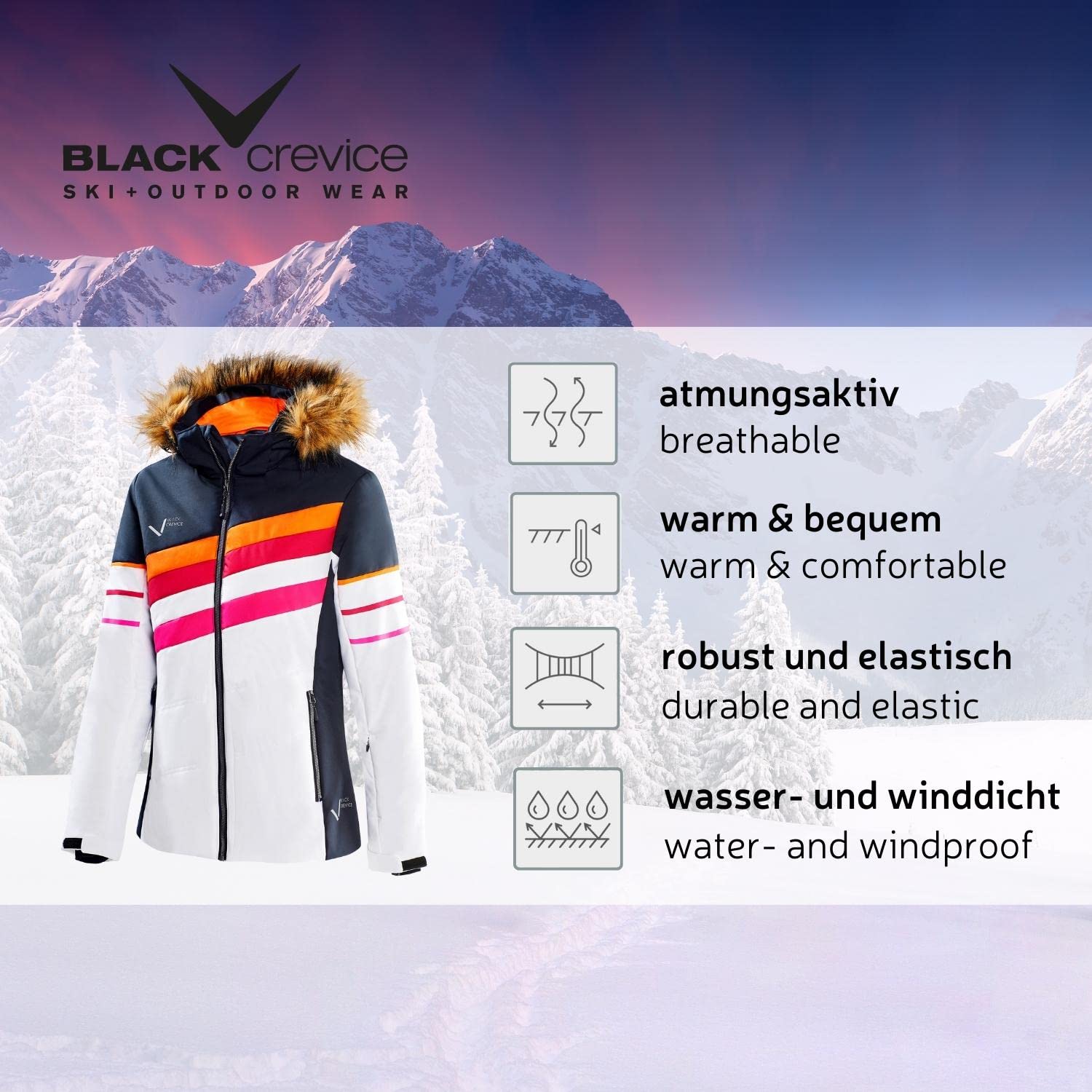 Black Crevice Damen Skijacke I Damen-Skijacke Größen I Wind- & wasserdichte Damen-Funktionsjacke I wasserdichte Reißverschlusstaschen I Ski-Jacke mit Kapuze
