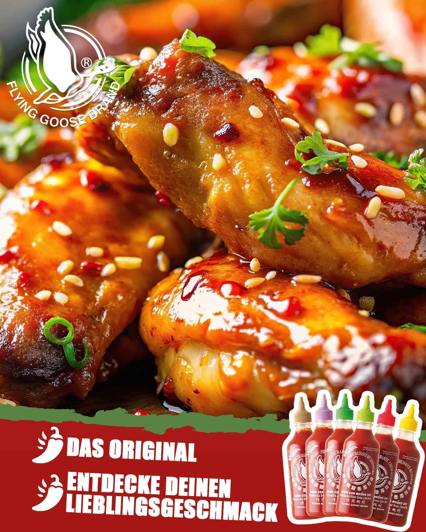 FLYING GOOSE Sriracha Chilisaucen Mischkarton 6 Geschmacksrichtungen 6 x 455ml Multipackung