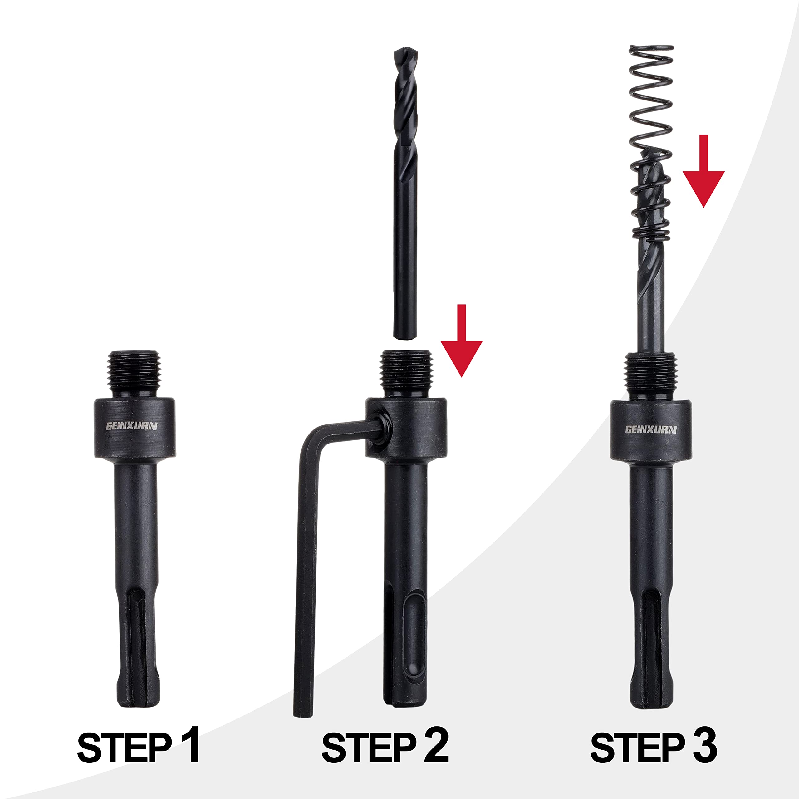 GEINXURN SDS-Plus Mandril de sierra perforadora, incluye 2 cenadores de sierra perforadora con 3 brocas centrales HSS (M2) de 1/4 pulgadas, 2 llaves hexagonales, 2 resortes