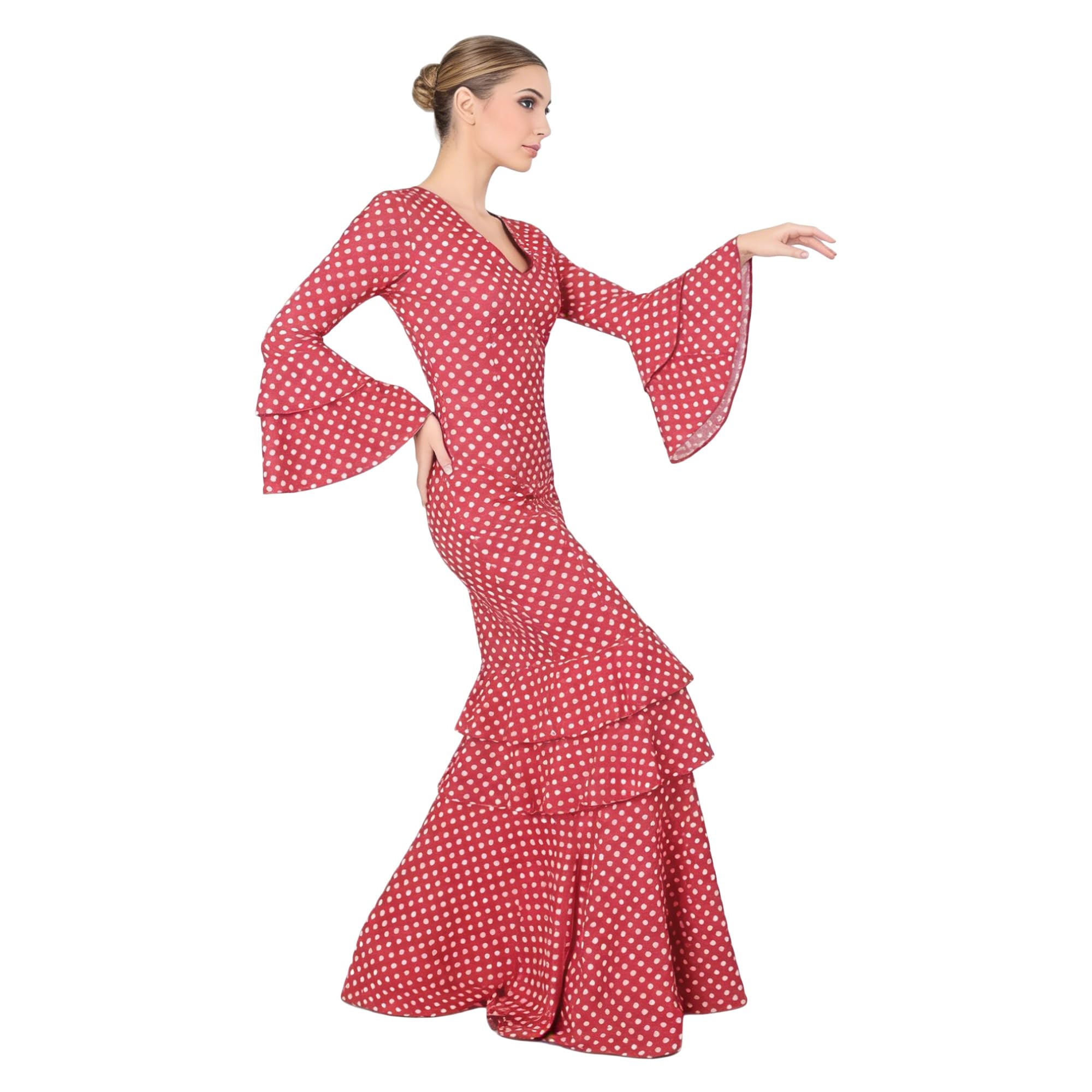 Vestito Fenicottero Donna Lungo - Costume da Sivigliana Adulto con Pois, Maniche a Siviglia - Vestito Andaluso Elegante per Fiera e Danza