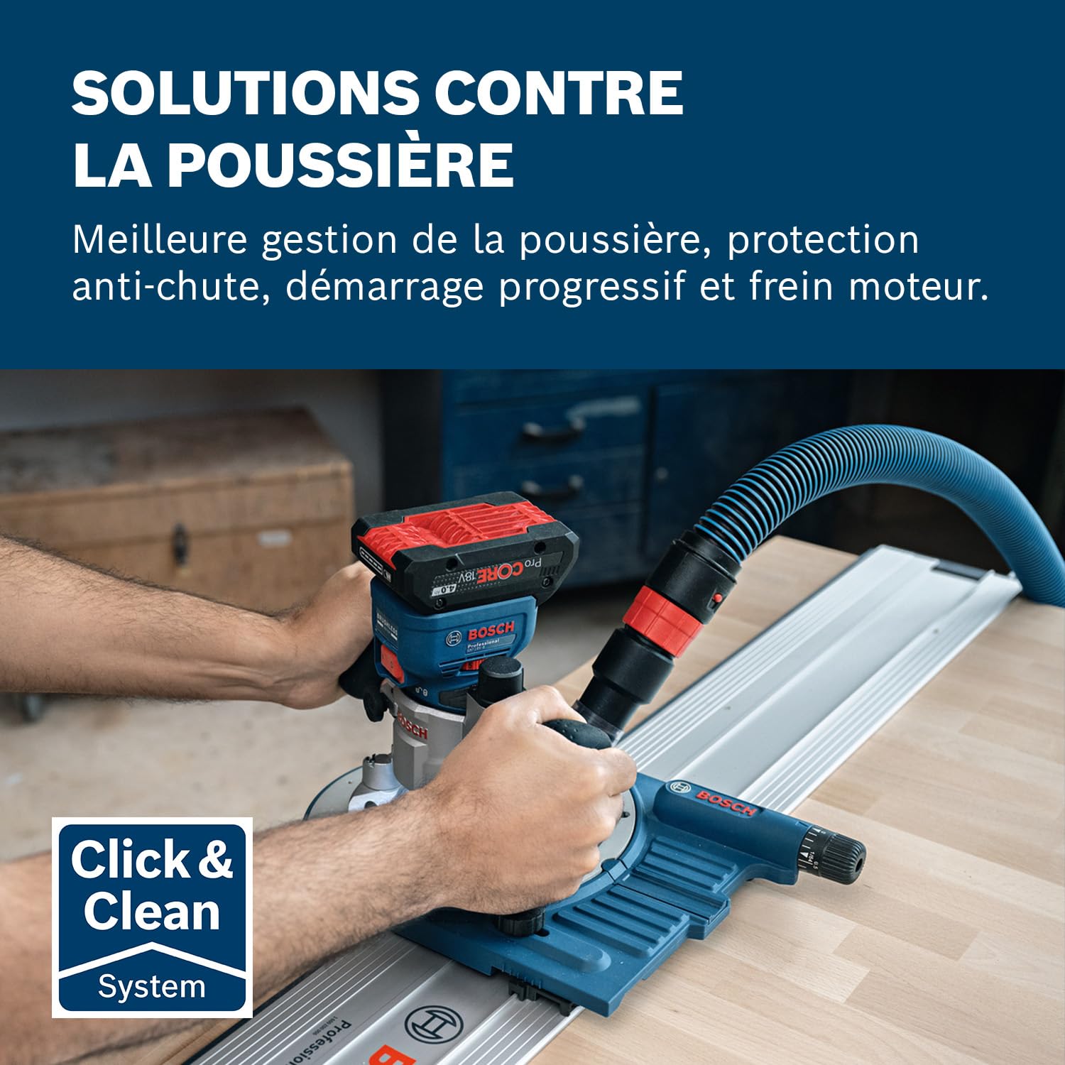 Bosch Professional 18V System Défonceuse portative GKF 18V-8 (butée longitudinale, 2x adaptateurs d’aspiration pour surfaçage, écran de protection, pince 8 mm, clé, sans batterie/chargeur)