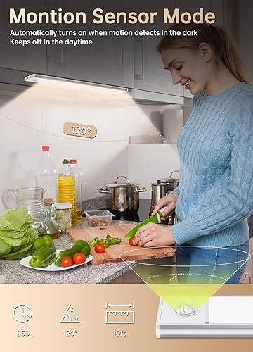 Miniatura 5 de Paquete de 2 74 luces LED para debajo del gabinete, 3 temperaturas de color, con sensor de movimiento para debajo de la encimera, 2500 mAh