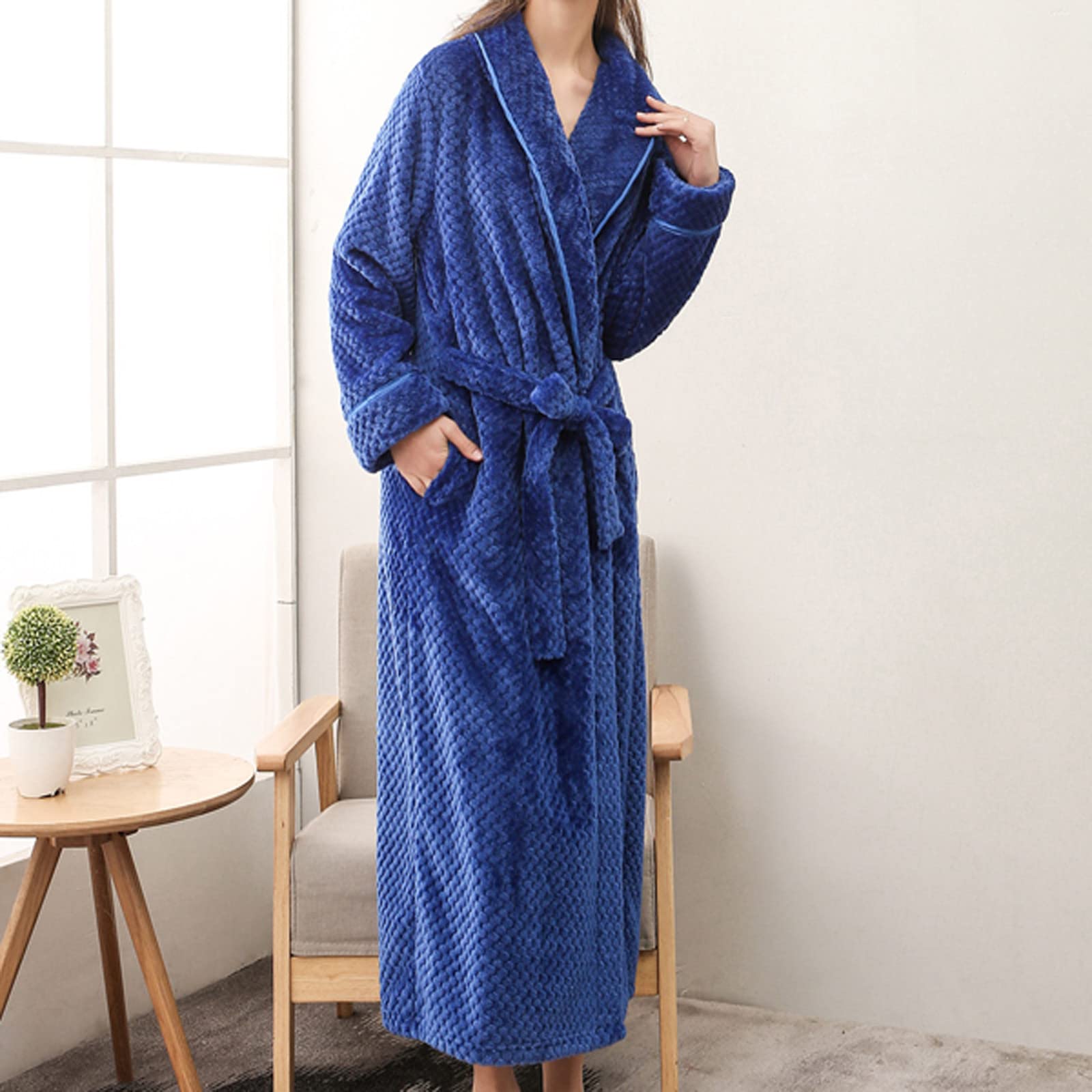 Albornoz largo sin capucha para mujer, traje de casa para mujer, cálido, bata con bolsillos, bata de casa, monocolor, albornoz para sauna, extra largo, cómodo, camisón suave, pijama con cinturón
