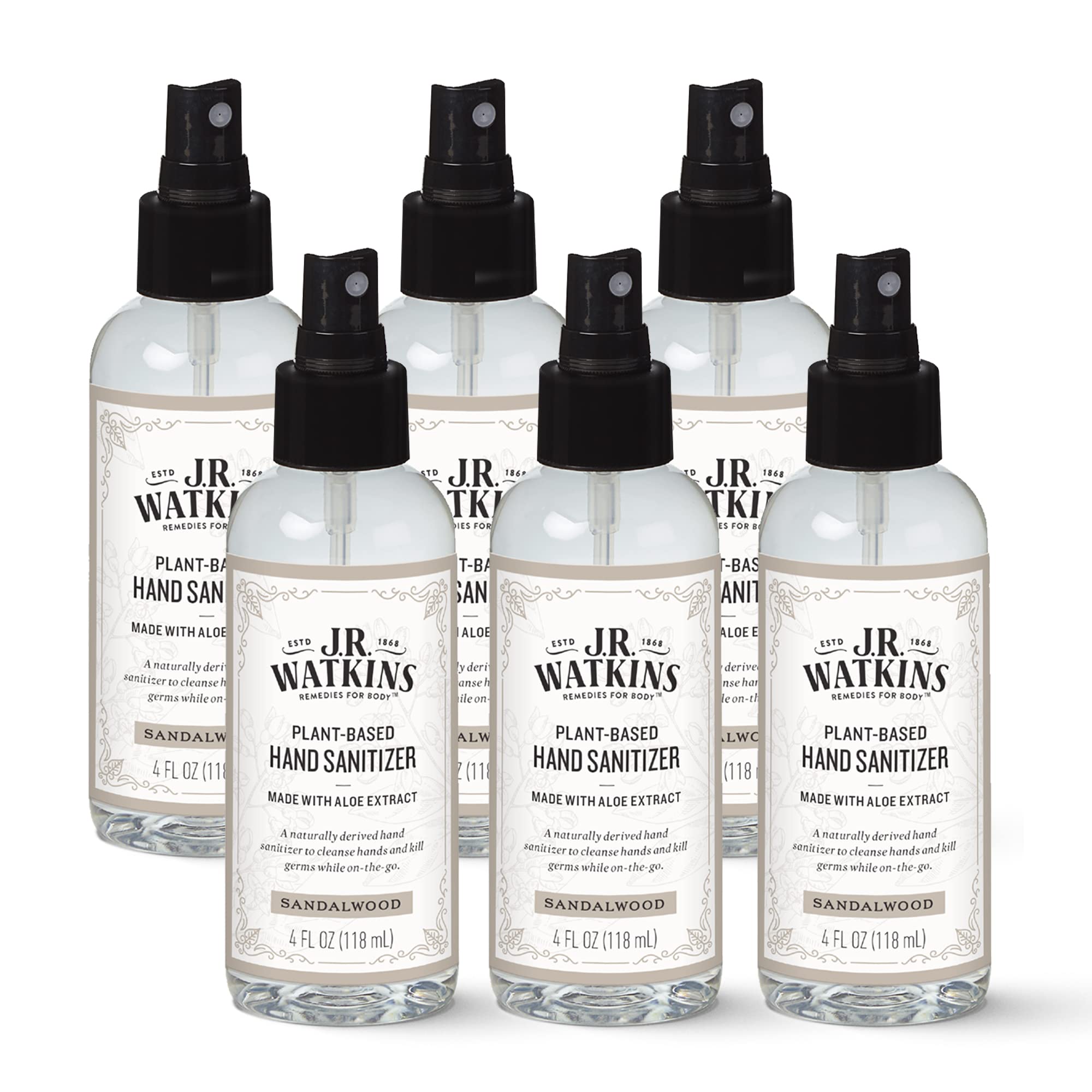 J.R. Watkins Moisturizing Hand Sanitizer with Aloe, Travel Size Plant-Based Sanitizing Spray, Sandal