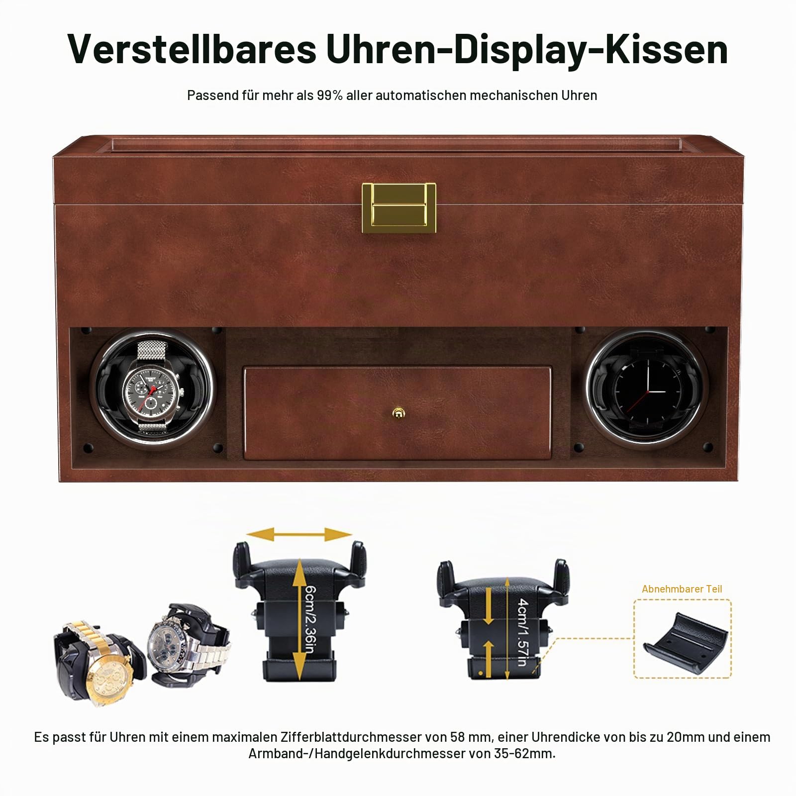 XTELARY Doppel-Uhrenbeweger, Uhrenbeweger für 2 Automatikuhren mit 16-Fach-Uhrenvitrine, Schubladenbox, 4 Rotationsmodi, verstellbarem Uhrenkissen und blauem LED-Licht für Uhrenliebhaber