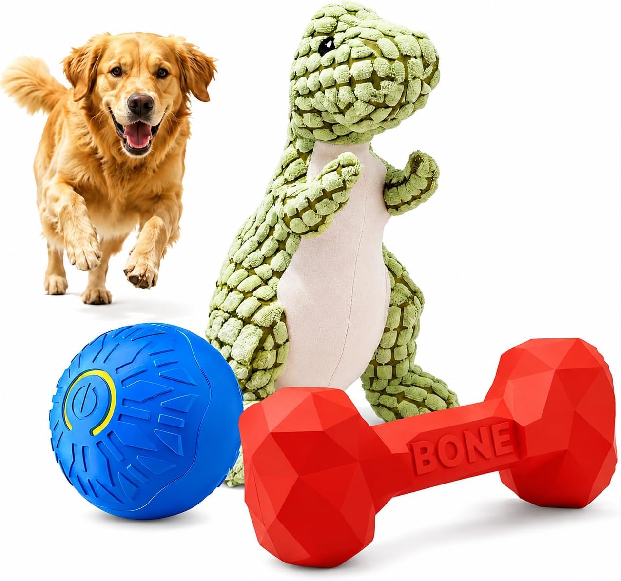 Interactive Dog Toy Play Set for Puppies & Small to Medium Dogs – Includes Self Rolling Ball, Durable Rubber Treat Chew Bone & Squeaky Plush Dinosaur