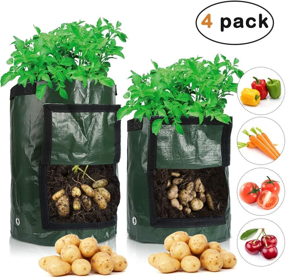 4 Pack Potato Grow Bags, Senignol 2 Pack 10 Gallon Grow Bag and 2 Pack 7 Gallon Grow Bag Garden grow bags Fabric Grow Bags for Planting Vegetables, Onions, Radish, Tomato and Flower (Green)