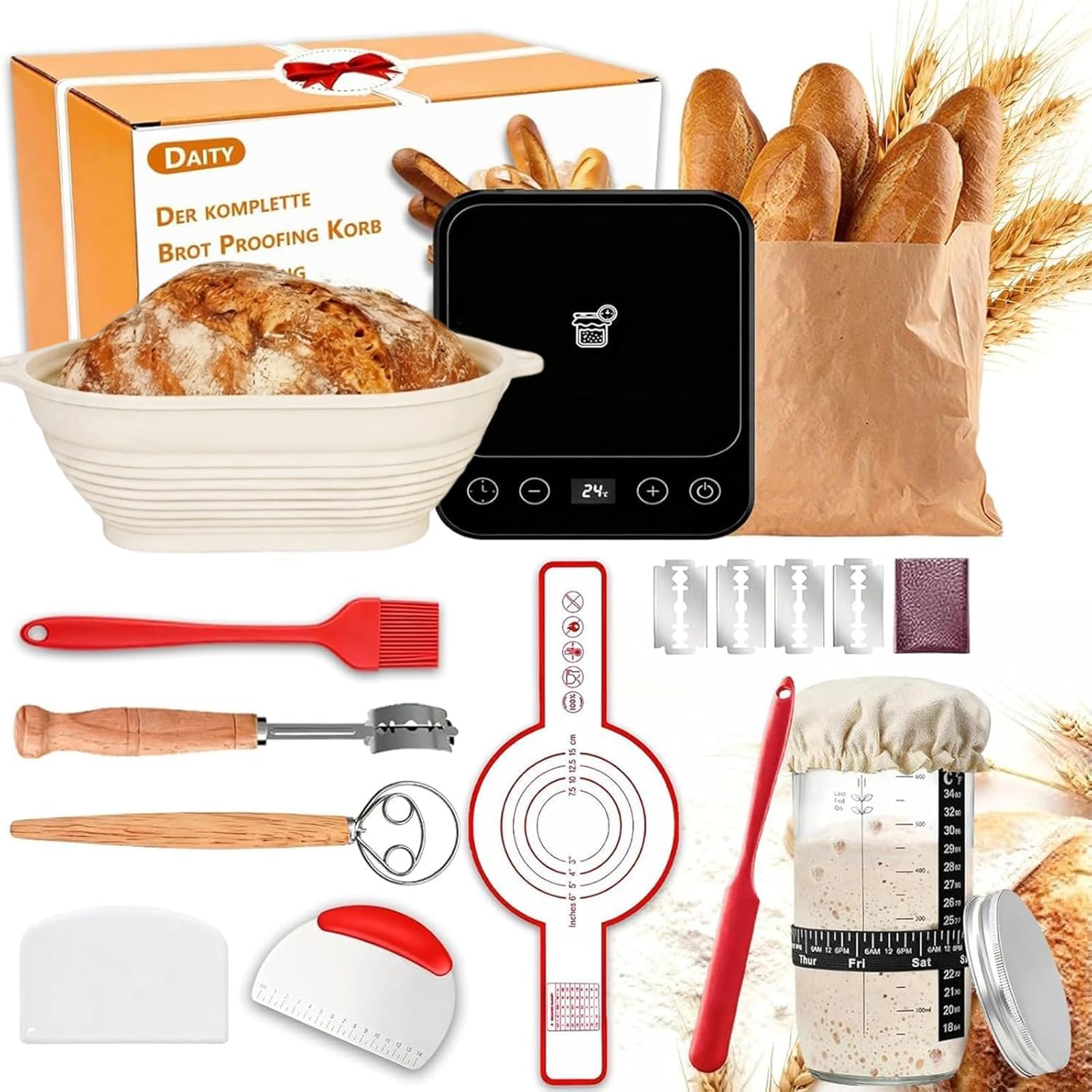Daity Sourdough Kit de démarrage 12 Pièces Matériel de Cuisson Pain Température au Levain Panier Ovale Pliable de 28 cm pour Boulangers débutants et Professionnels
