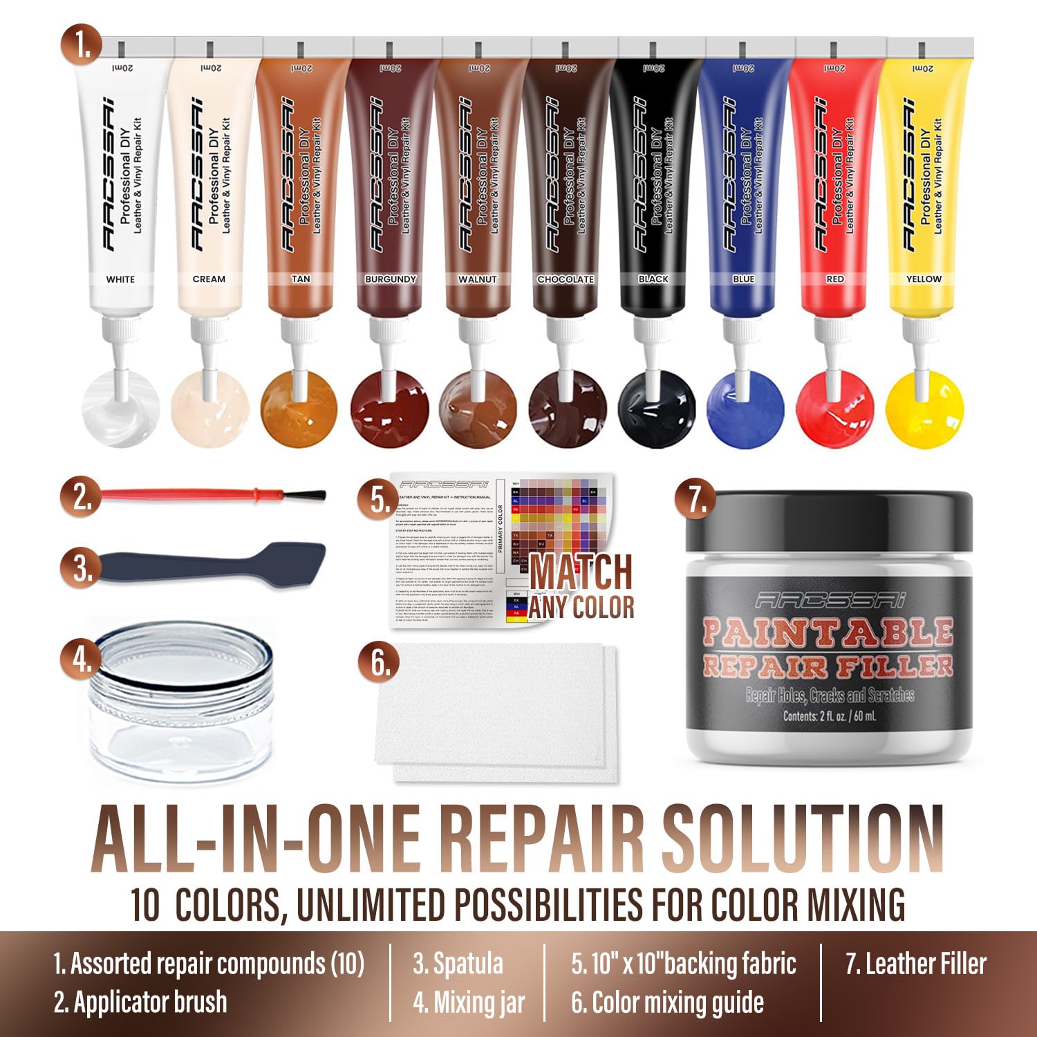 Leather Repair Kit for Furniture, Sofa, Jacket, Car Seats and Purse. Leather Filler Super Easy Instructions to Match Any Color, Restore Any Material, Bonded, Italian, Pleather, Genuine