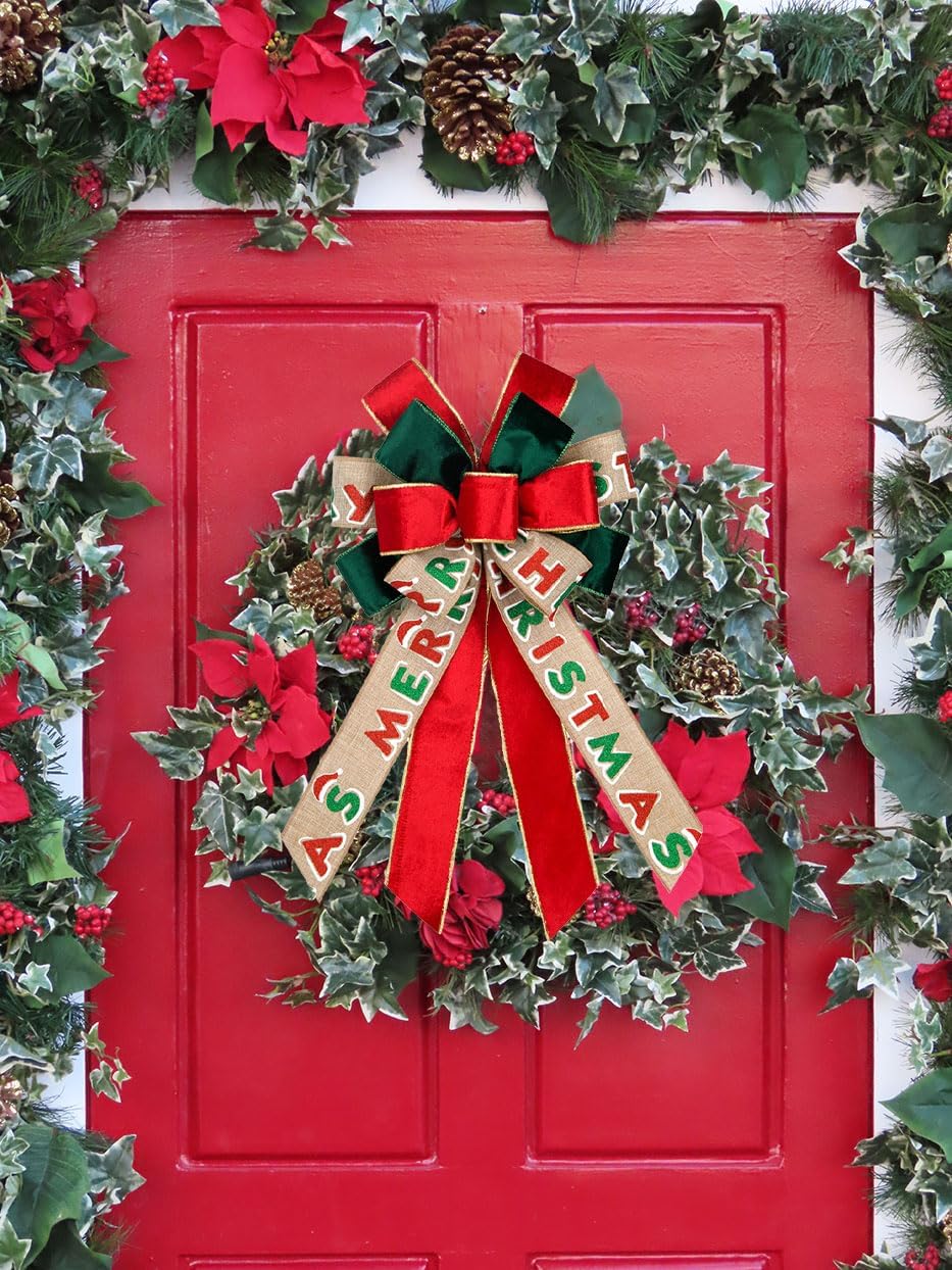 Large Christmas Bow for Wreath - Vintage Red Ribbon Tree Topper - Merry Christmas Words Velvet Bows for Indoor Outdoor Xmas Party Decoration, Home Ornament Supplies - Image 5