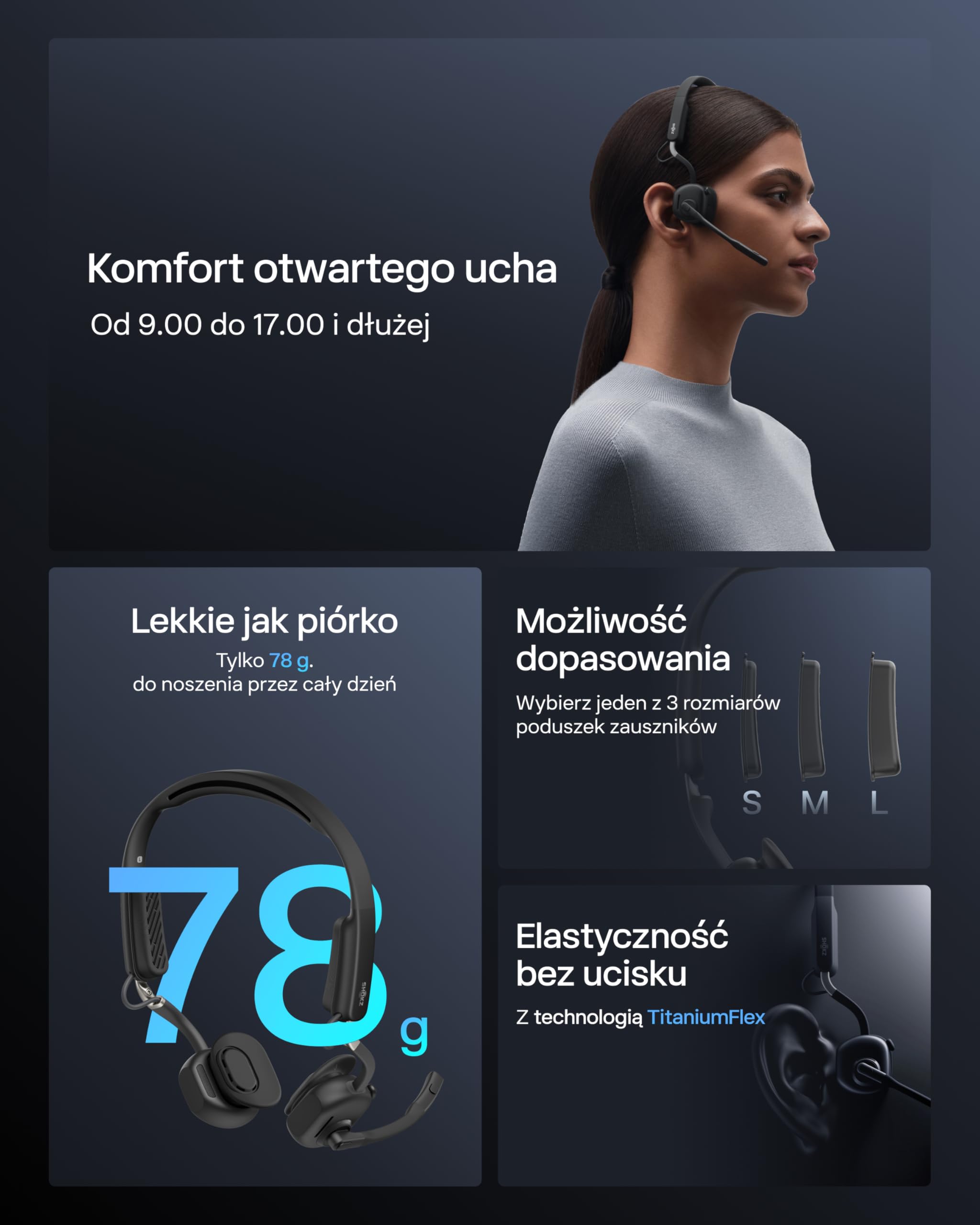 Shokz OpenMeet headset Open-Ear z 2 mikrofonami | Bluetooth 5.4, 15h baterii, 2 mikrofony z redukcją szumów, szybkie ładowanie, do pracy, połączeń i spotkań