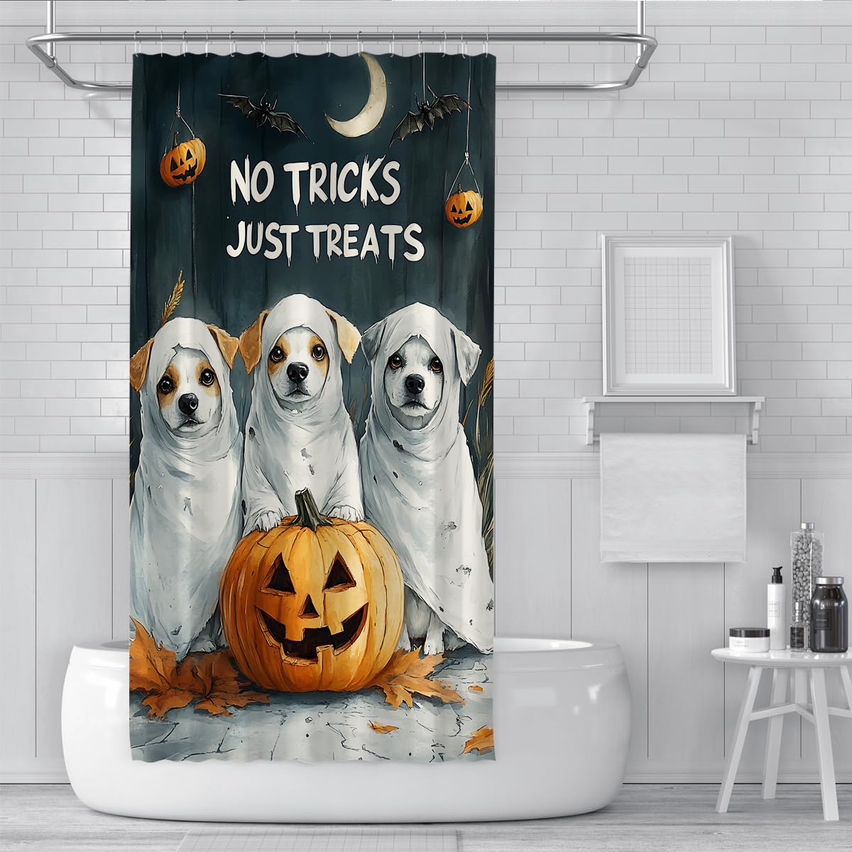 Dekoracja na Halloween, zasłona prysznicowa, słodki pies, duch, dynia, zabawa, świąteczna zasłona kąpielowa, poliester, nadaje się do prania, zasłona prysznicowa z haczykiem, 180 x 200 cm