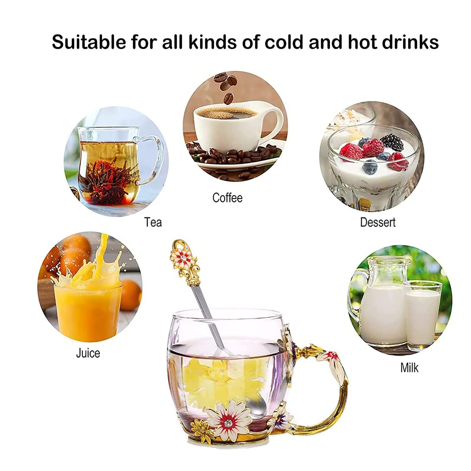 Emails Chrysantheme Glastasse, klare bleifreie Glas Kaffeebecher Teetasse mit Deckel Untersetzer und Stahl Löffel Set, für Weihnachten Geburtstag Emaille Blume Glasbecher(Green)