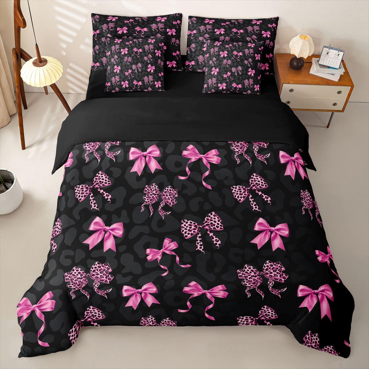 Loussiesd Set di biancheria da letto per bambine con motivo a fiocco, per letto singolo, 7 pezzi, con stampa leopardata rosa, per bambini, ragazzi e ragazze, con copripiumino, lenzuola, federe, federe