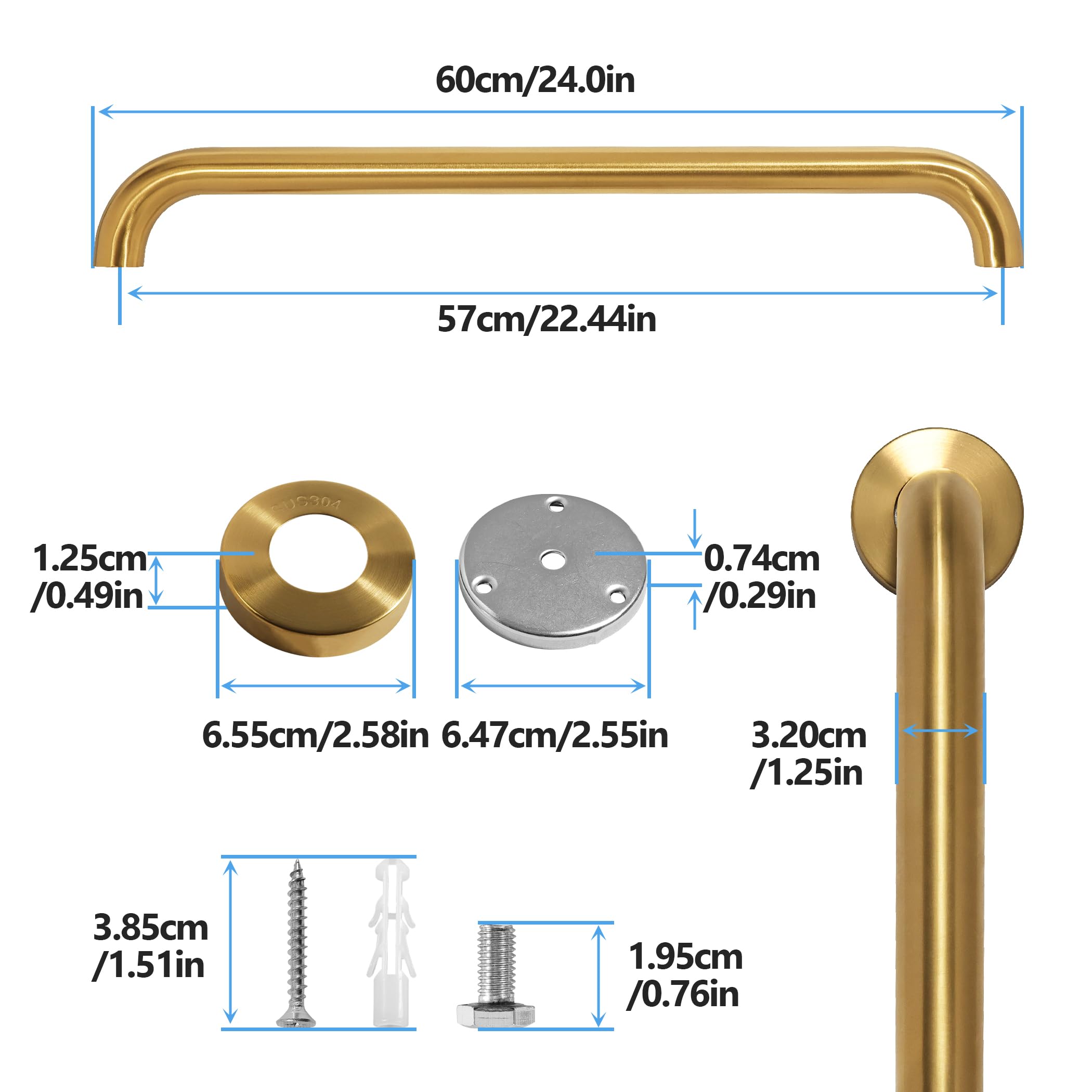 Lot de 2 barres d'appui de douche dorées de 61 cm pour salle de bain, 3,2 cm de diamètre, barres d'appui en acier inoxydable 304 pour baignoires et douches, barre d'appui de douche