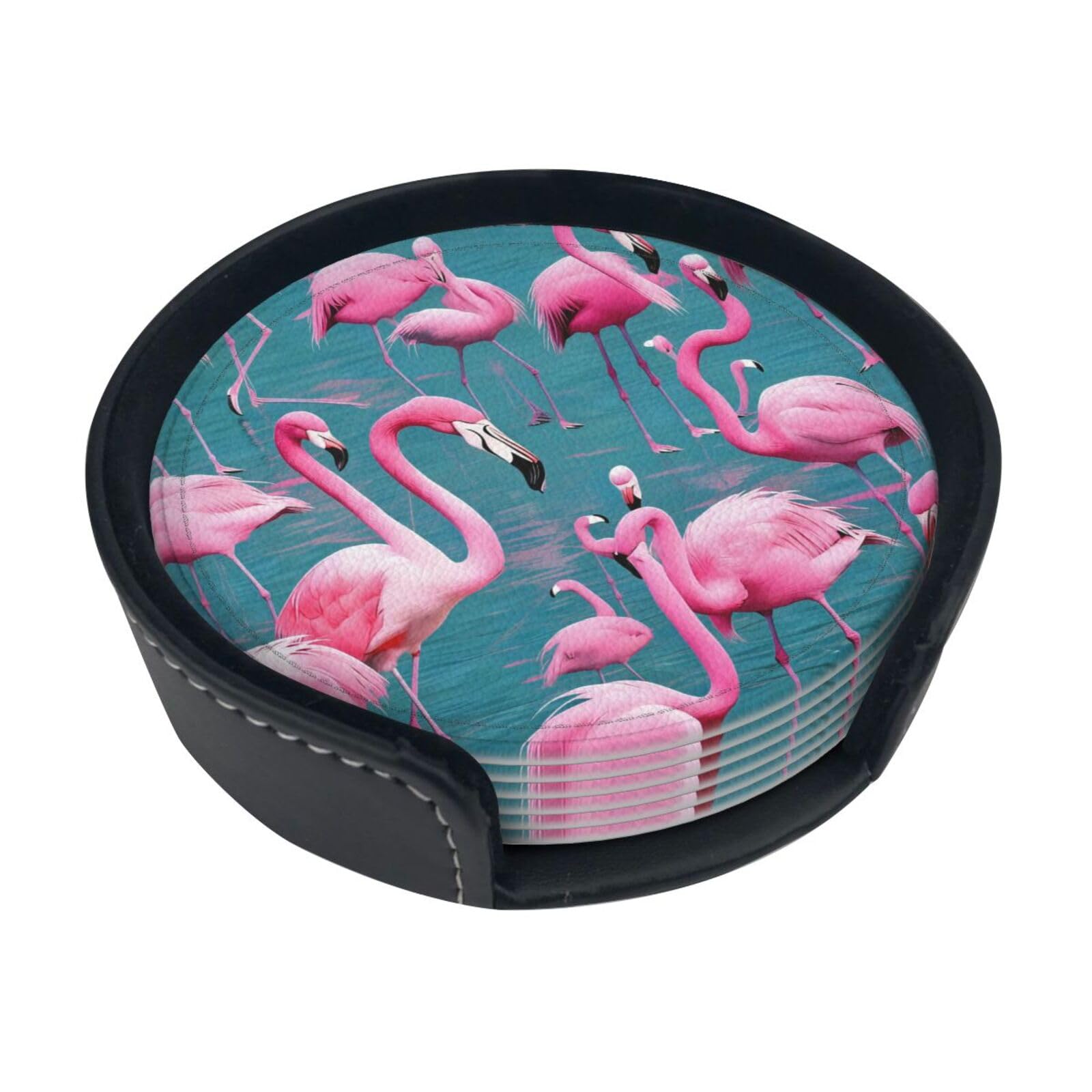 A flock of flamingos Leather Coasters-Set of 6 with Storage Holder