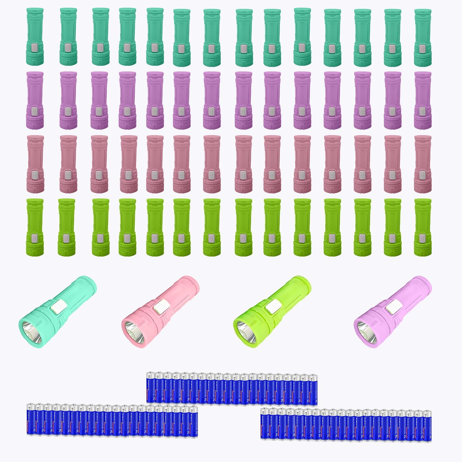 60 Pack Plastic Small Mini LED Flashlight，60 AA Batteries are Included，Assorted Colors，for Camping, Hiking, Emergency，Teaching